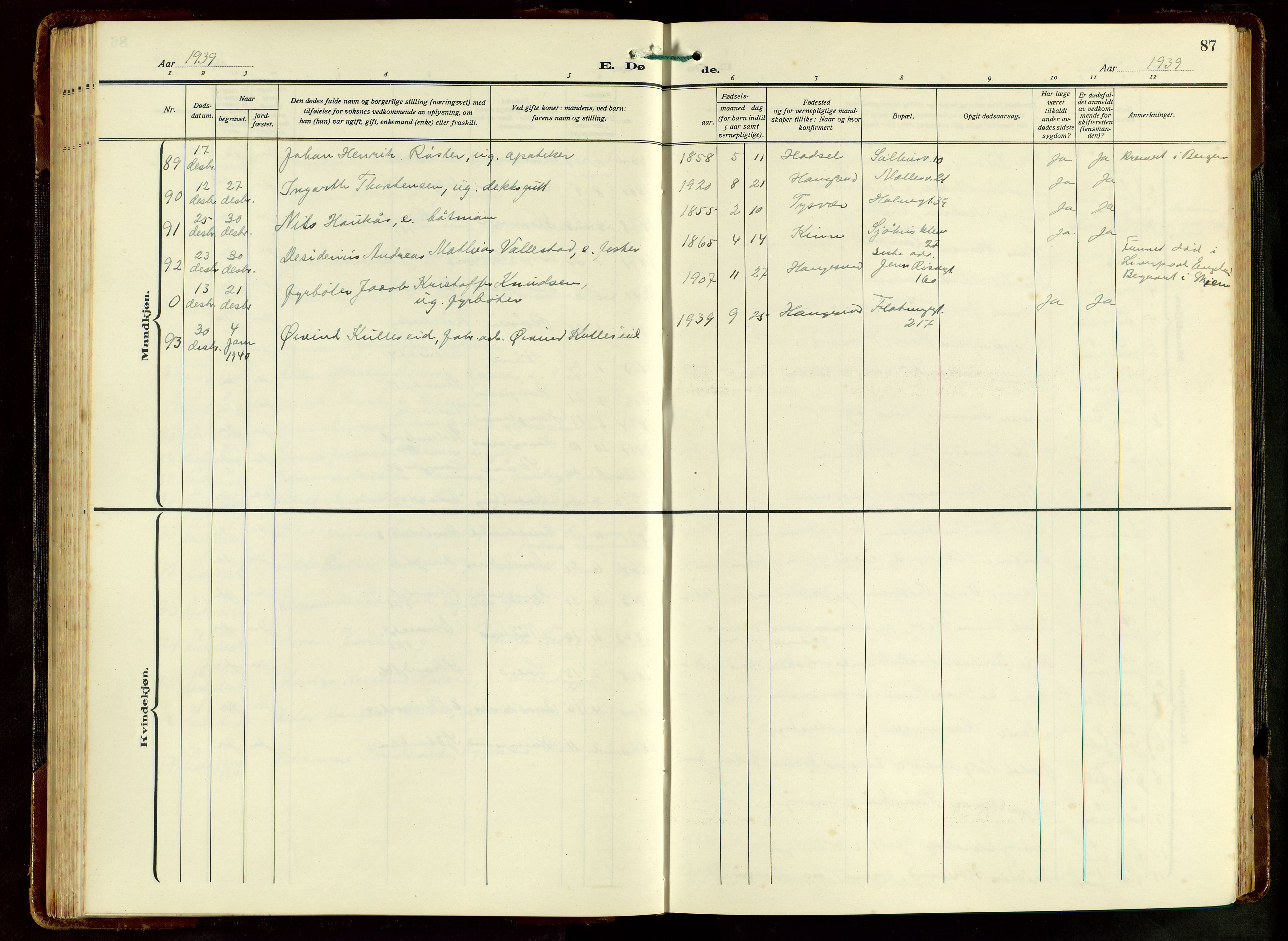 Haugesund sokneprestkontor, AV/SAST-A -101863/H/Ha/Hab/L0012: Klokkerbok nr. B 12, 1930-1958, s. 87