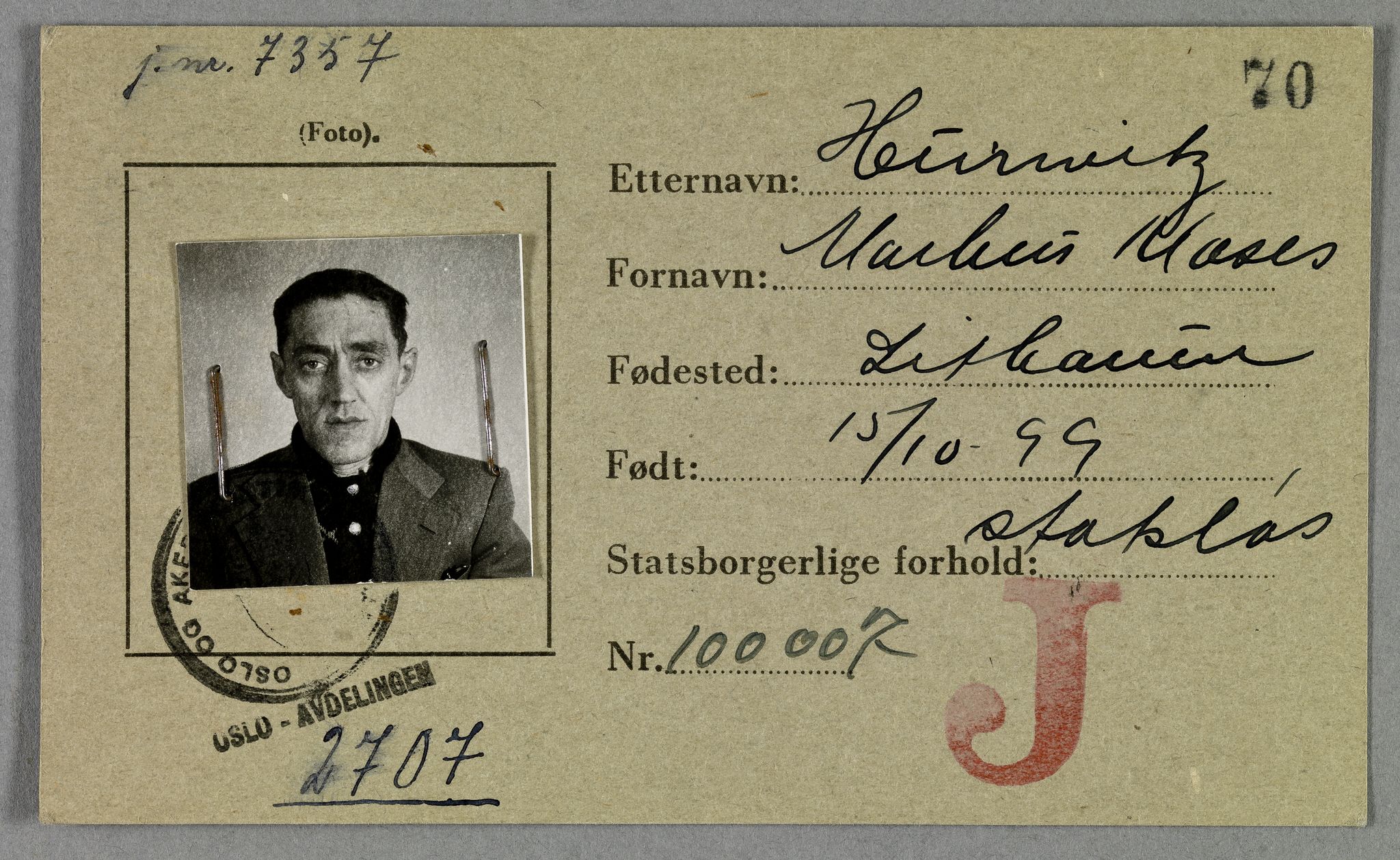 Sosialdepartementet, Våre Falne, AV/RA-S-1708/E/Ee/L0021A: Fotografier av jøder på legitimasjonskort (1941-42), 1941-1942, s. 163