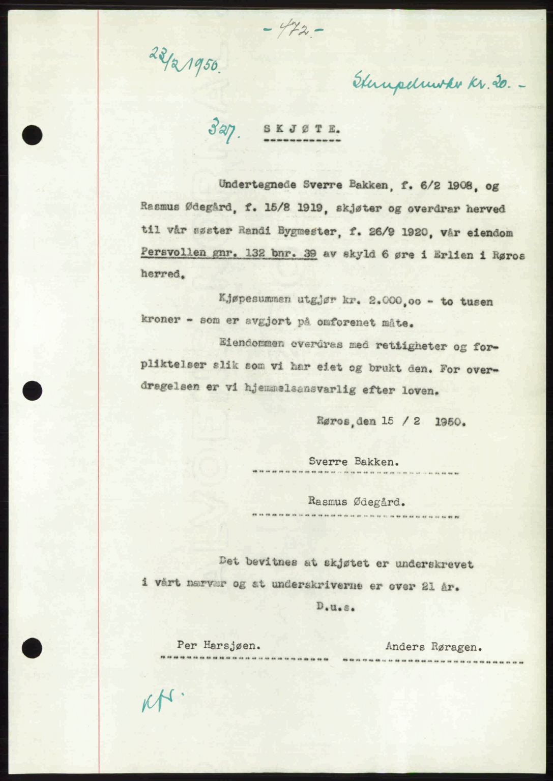 Gauldal sorenskriveri, SAT/A-0014/1/2/2C: Pantebok nr. A9, 1949-1950, Dagboknr: 327/1950