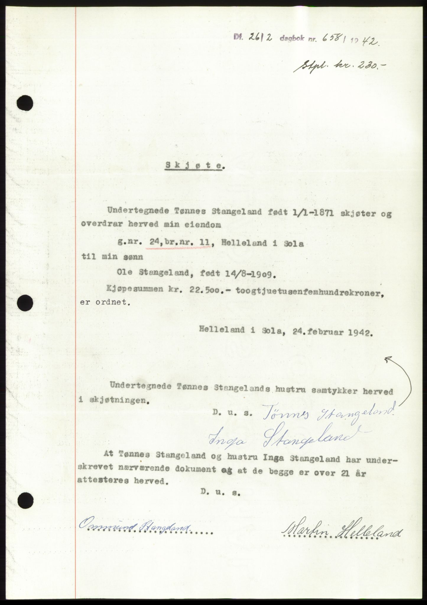 Jæren sorenskriveri, SAST/A-100310/03/G/Gba/L0082: Pantebok, 1942-1942, Dagboknr: 658/1942