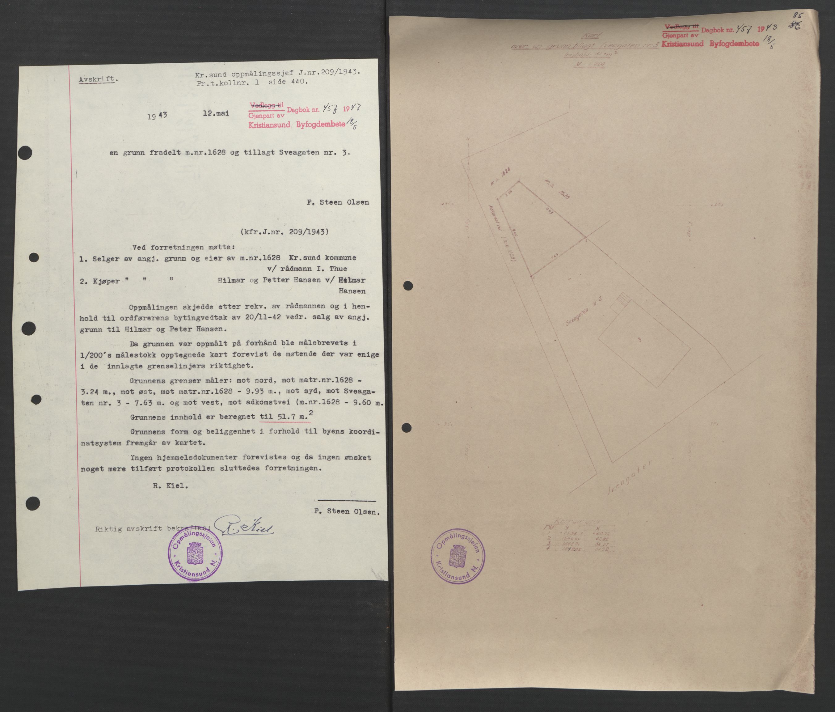 Kristiansund byfogd, AV/SAT-A-4587/A/27: Pantebok nr. 37, 1942-1945, Dagboknr: 457/1943