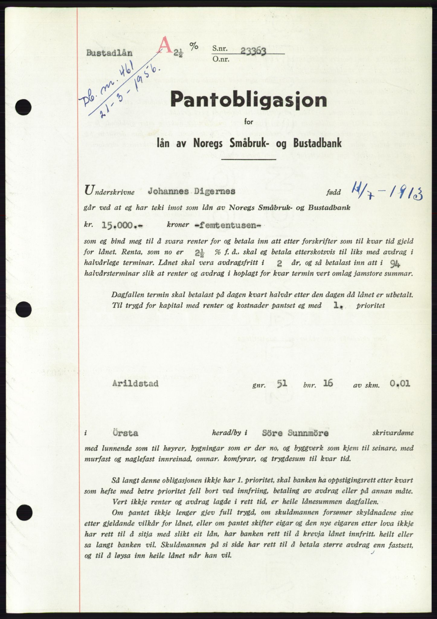 Søre Sunnmøre sorenskriveri, SAT/A-4122/1/2/2C/L0128: Pantebok nr. 16B, 1956-1956, Dagboknr: 461/1956