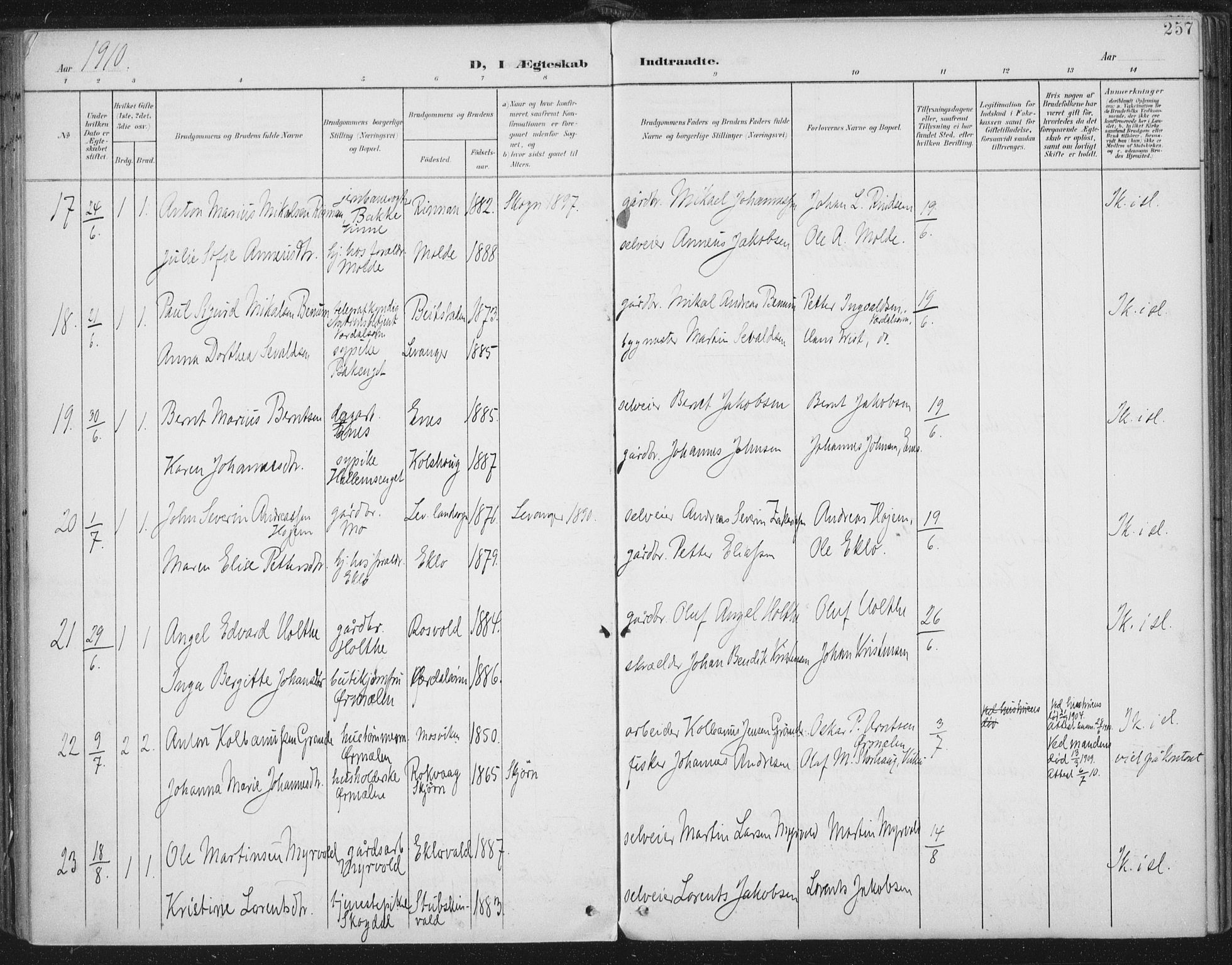 Ministerialprotokoller, klokkerbøker og fødselsregistre - Nord-Trøndelag, SAT/A-1458/723/L0246: Ministerialbok nr. 723A15, 1900-1917, s. 257