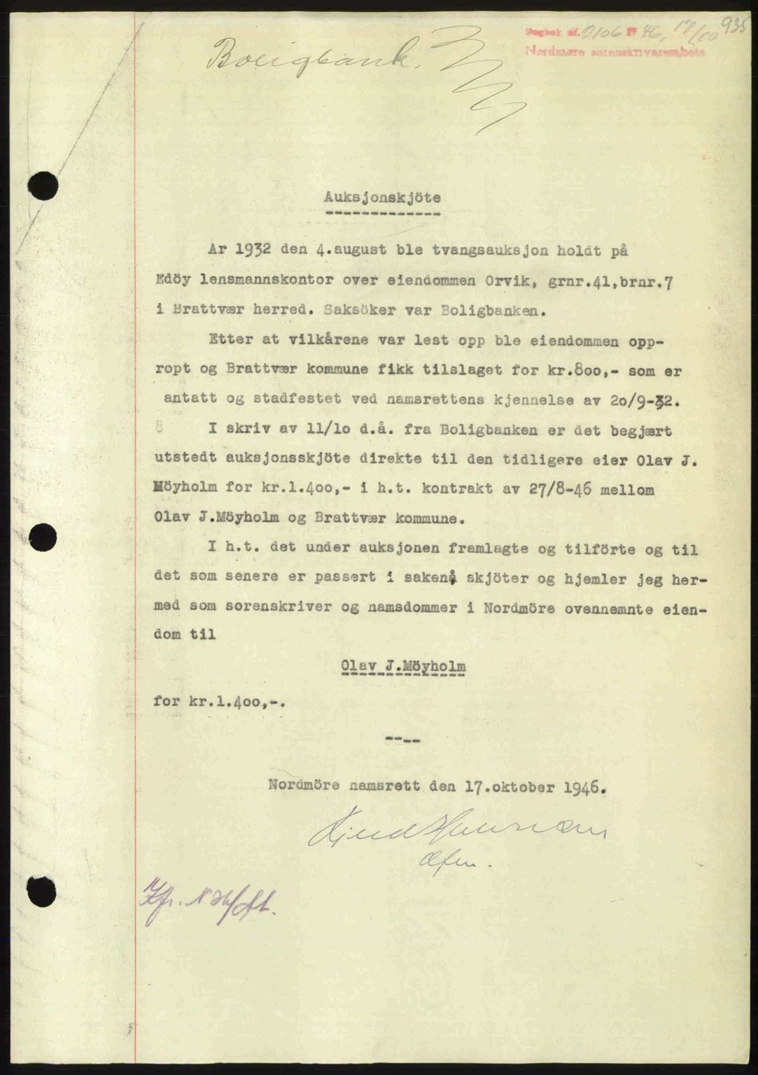 Nordmøre sorenskriveri, SAT/A-4132/1/2/2Ca: Pantebok nr. A102, 1946-1946, Dagboknr: 2106/1946