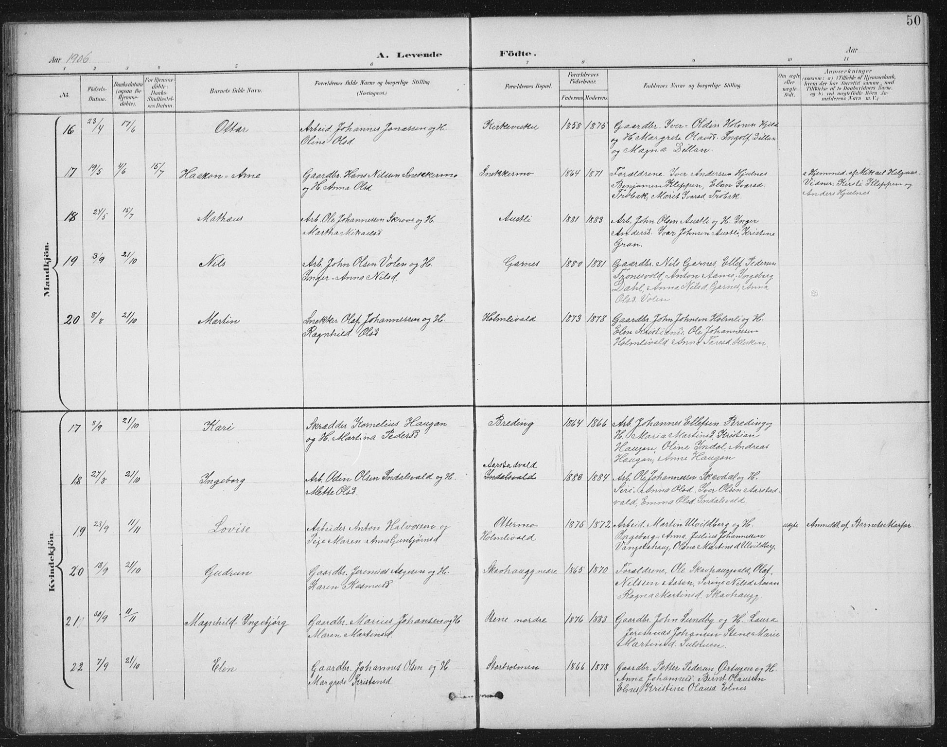 Ministerialprotokoller, klokkerbøker og fødselsregistre - Nord-Trøndelag, SAT/A-1458/724/L0269: Klokkerbok nr. 724C05, 1899-1920, s. 50