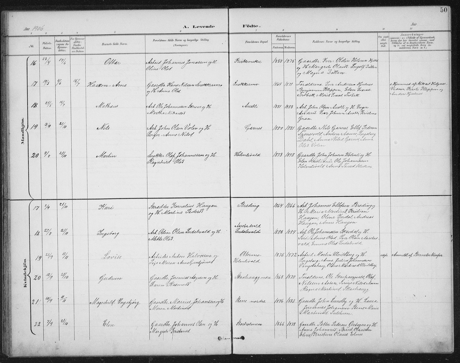 Ministerialprotokoller, klokkerbøker og fødselsregistre - Nord-Trøndelag, AV/SAT-A-1458/724/L0269: Klokkerbok nr. 724C05, 1899-1920, s. 50