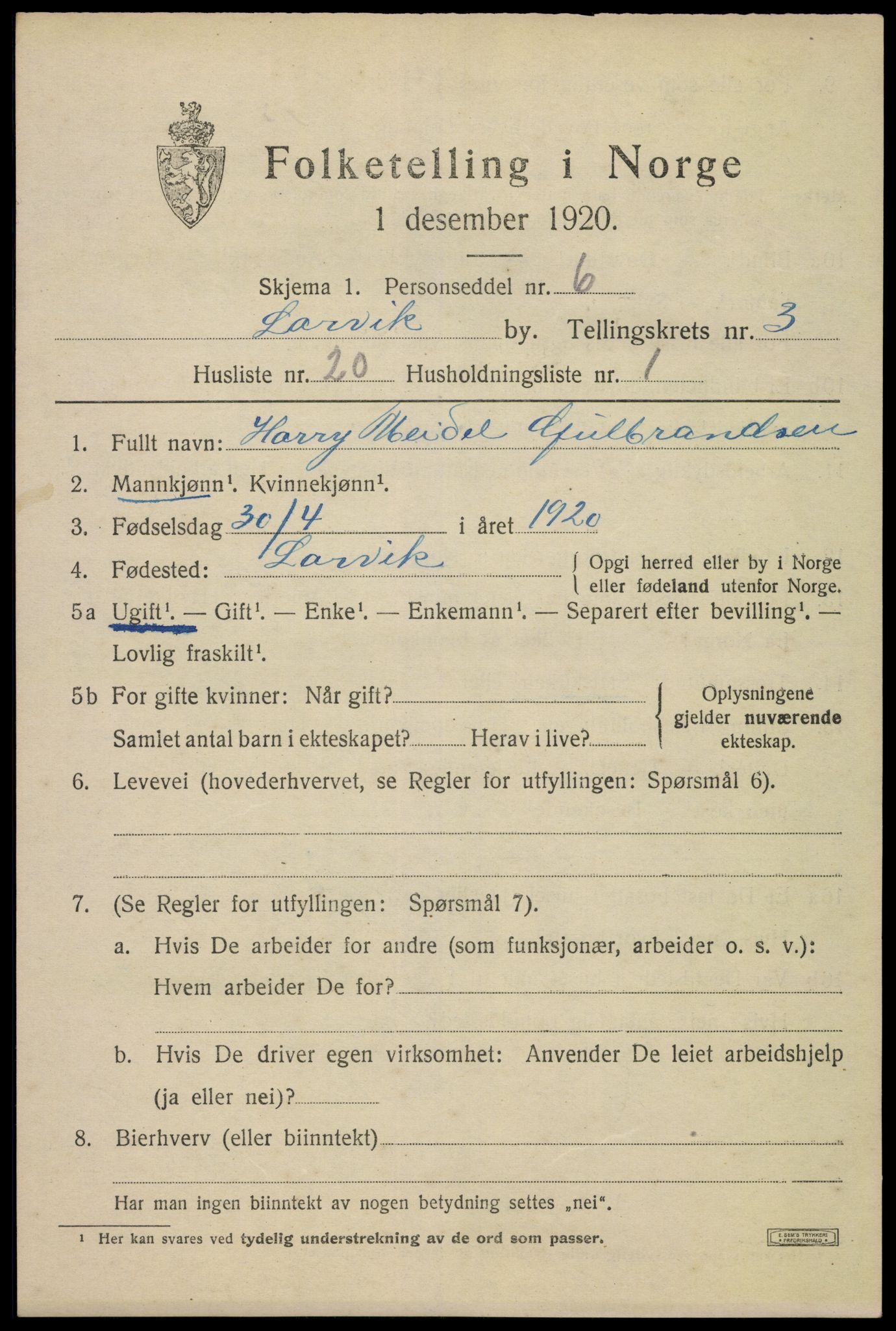 SAKO, Folketelling 1920 for 0707 Larvik kjøpstad, 1920, s. 12576