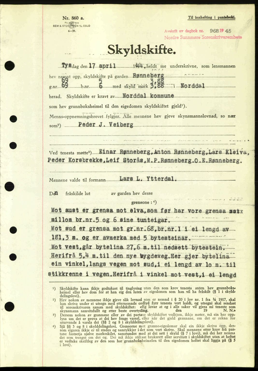 Nordre Sunnmøre sorenskriveri, SAT/A-0006/1/2/2C/2Ca: Pantebok nr. A20a, 1945-1945, Dagboknr: 968/1945