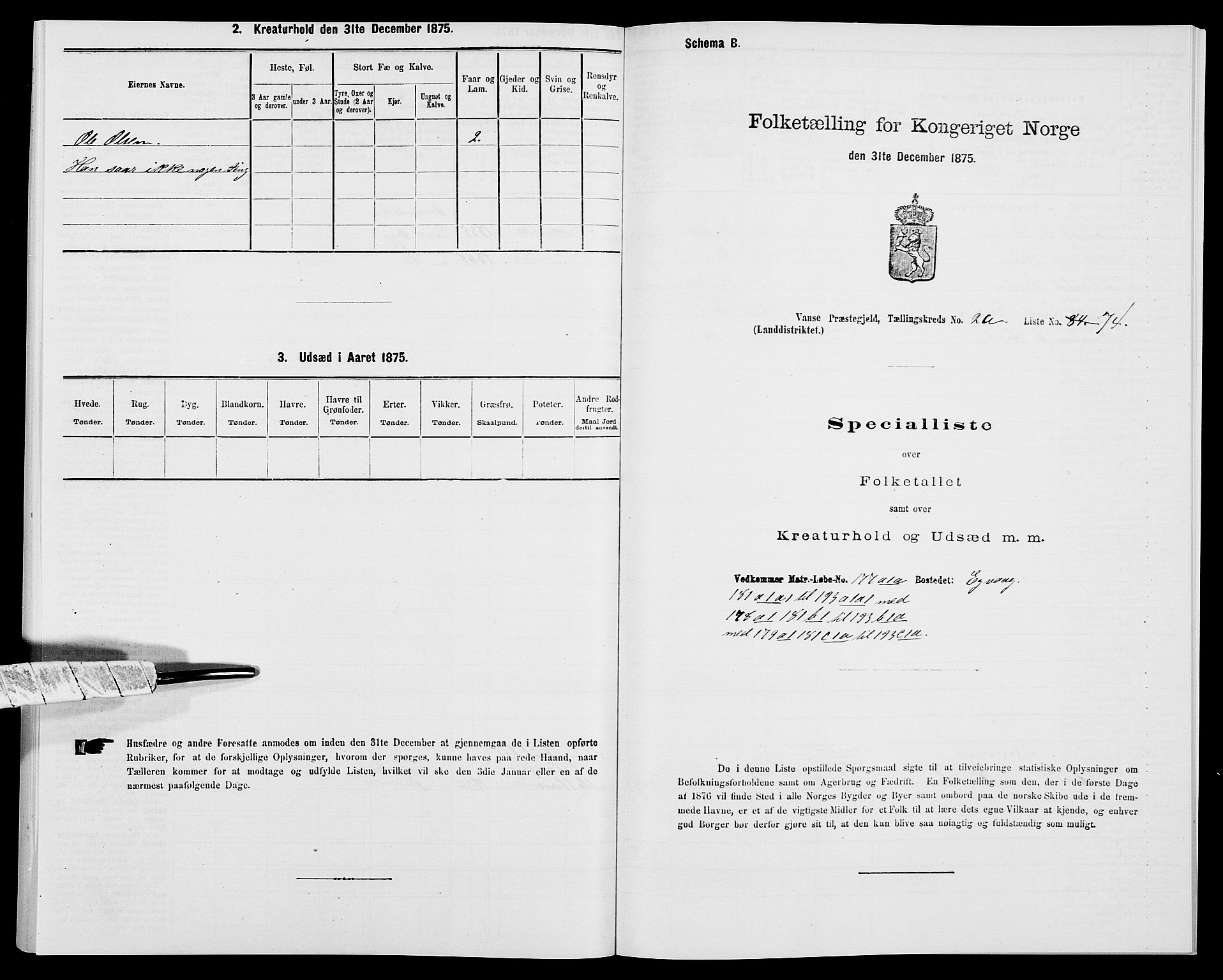 SAK, Folketelling 1875 for 1041L Vanse prestegjeld, Vanse sokn og Farsund landsokn, 1875, s. 448