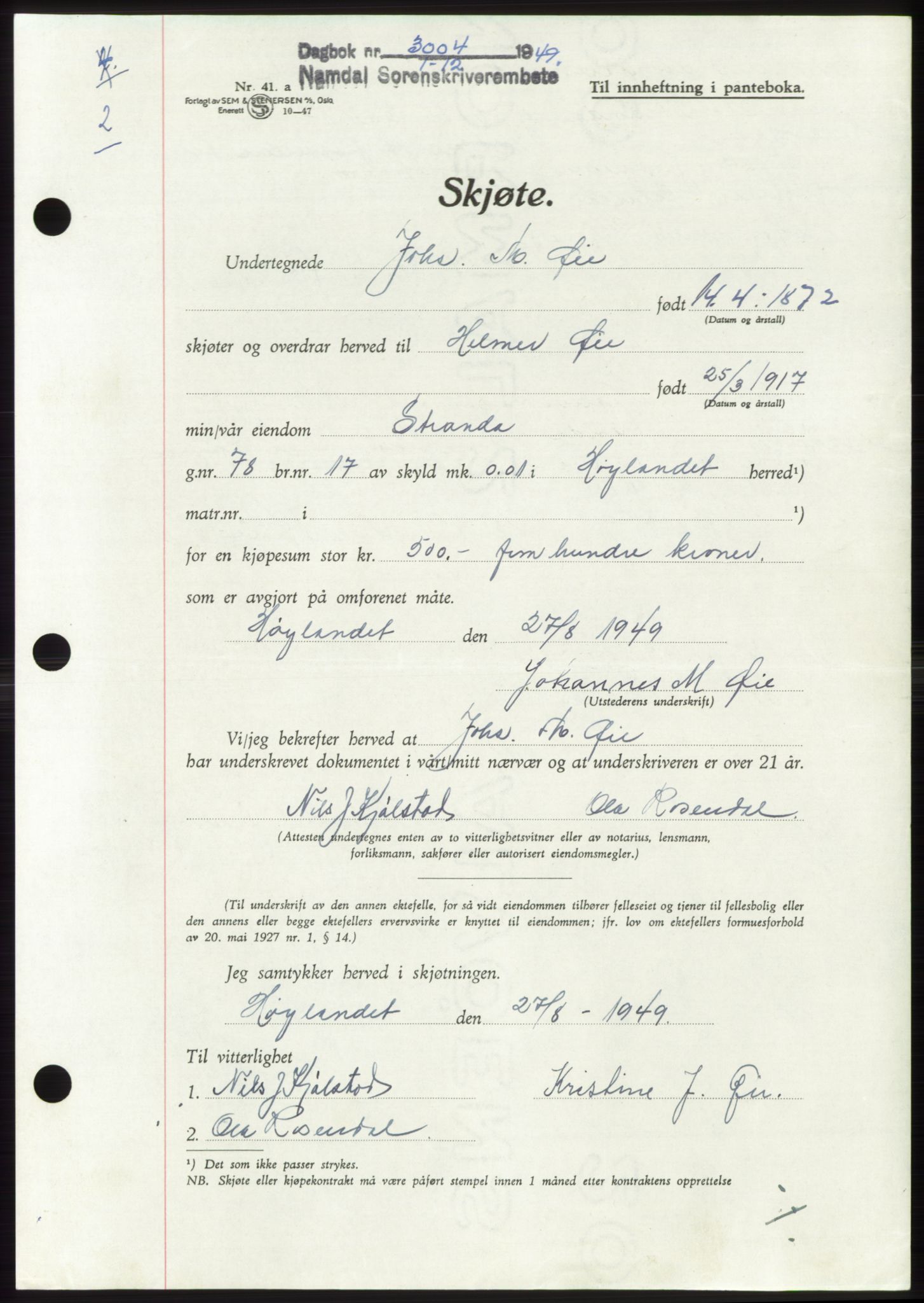 Namdal sorenskriveri, SAT/A-4133/1/2/2C: Pantebok nr. -, 1949-1949, Dagboknr: 3004/1949
