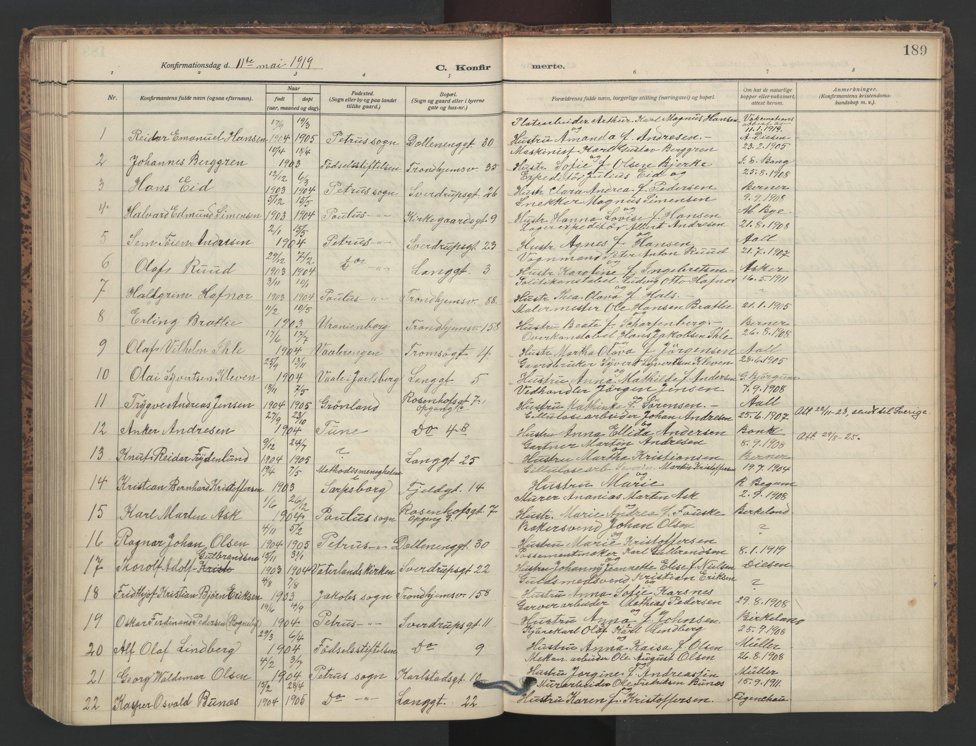 Petrus prestekontor Kirkebøker, AV/SAO-A-10872/F/Fa/L0011: Ministerialbok nr. I 11, 1908-1922, s. 189