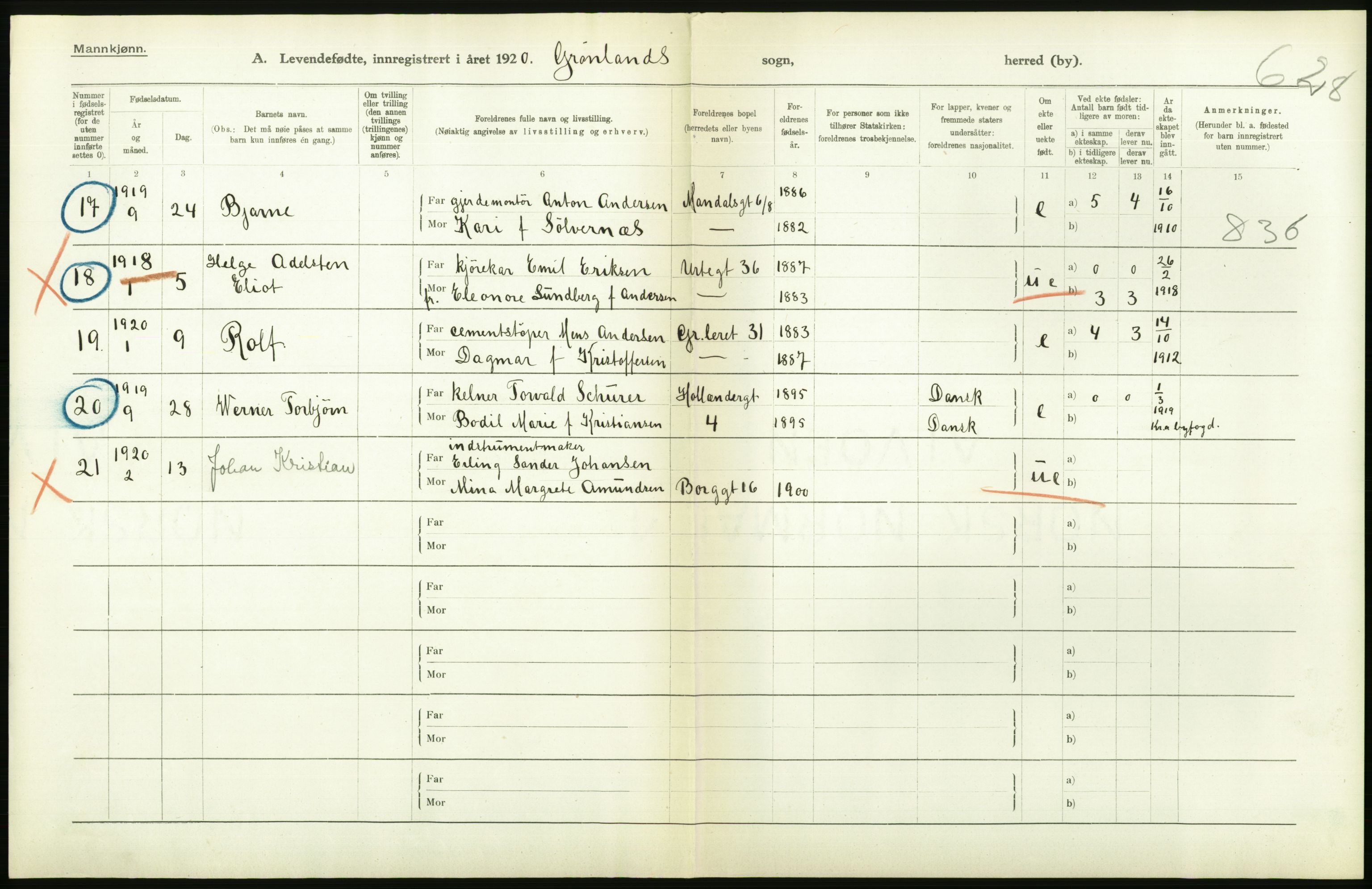 Statistisk sentralbyrå, Sosiodemografiske emner, Befolkning, AV/RA-S-2228/D/Df/Dfb/Dfbj/L0008: Kristiania: Levendefødte menn og kvinner., 1920, s. 116