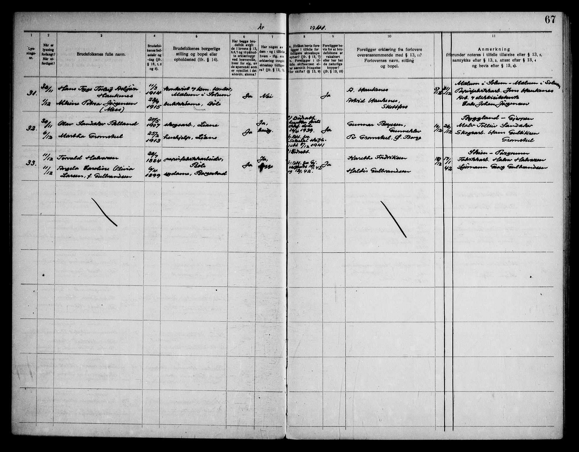 Gjerpen kirkebøker, SAKO/A-265/H/Hb/L0001: Lysningsprotokoll nr. II 1, 1920-1950, s. 67