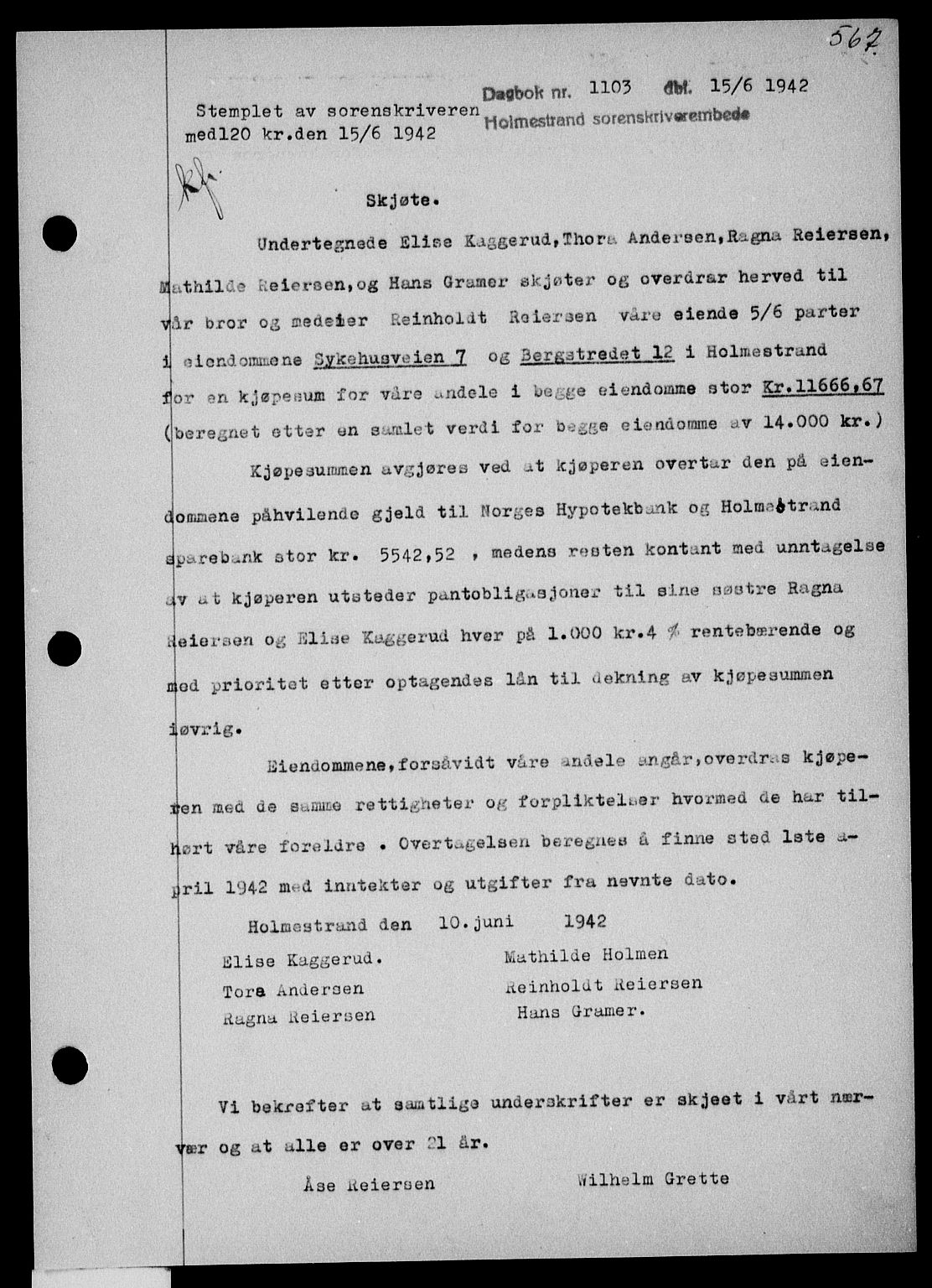 Holmestrand sorenskriveri, SAKO/A-67/G/Ga/Gaa/L0055: Pantebok nr. A-55, 1942-1942, Dagboknr: 1103/1942