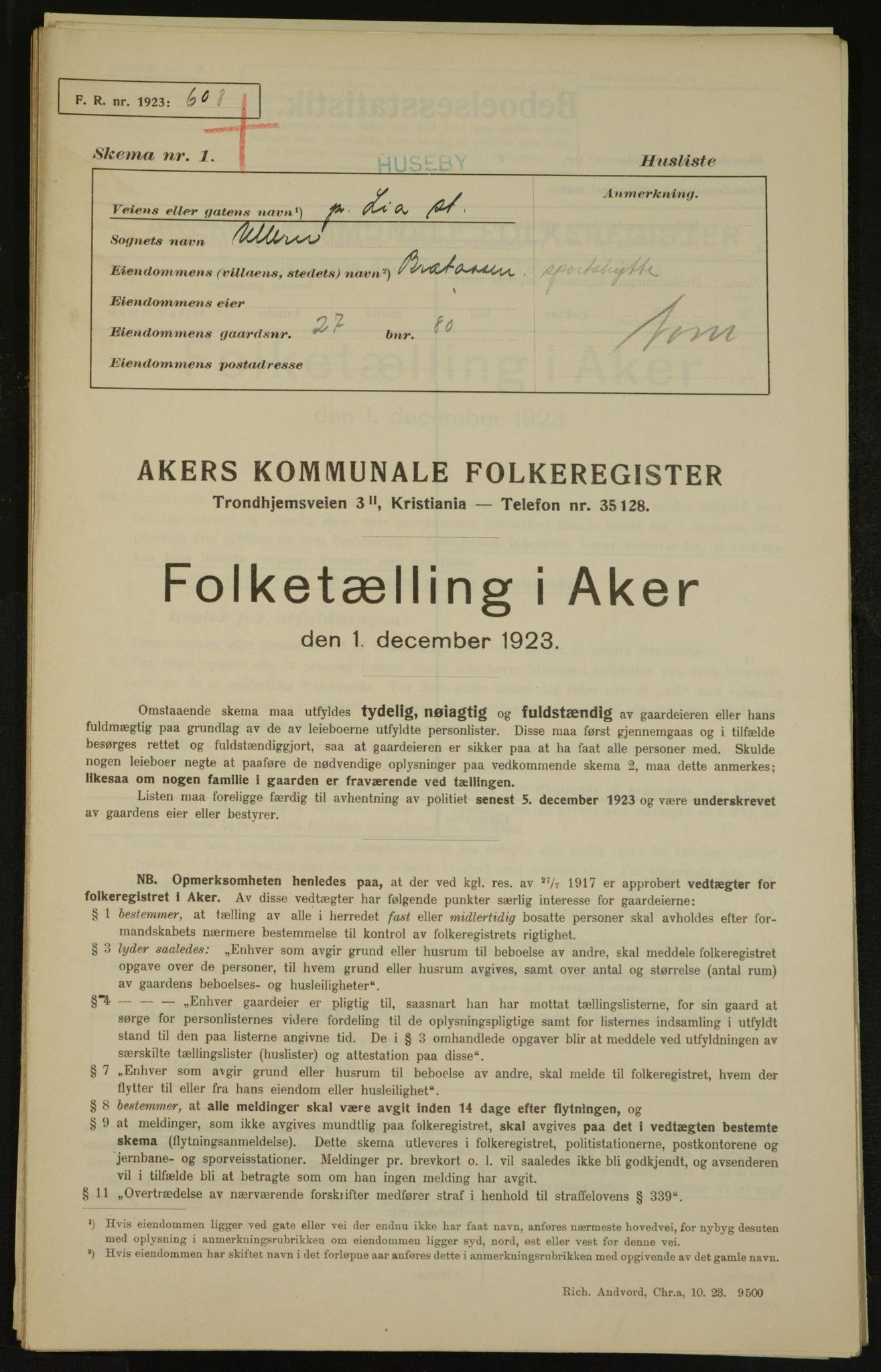 , Kommunal folketelling 1.12.1923 for Aker, 1923, s. 3554