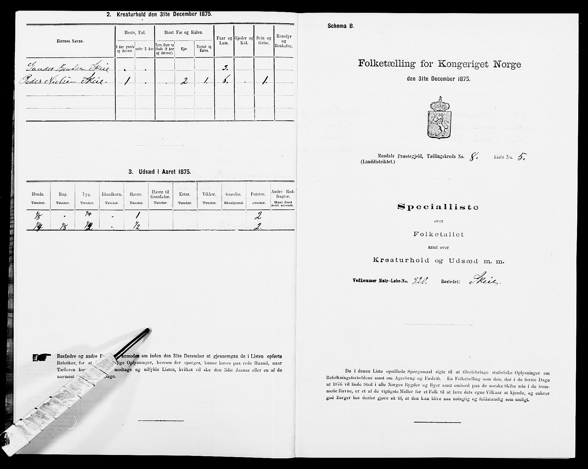 SAK, Folketelling 1875 for 1019L Mandal prestegjeld, Halse sokn og Harkmark sokn, 1875, s. 1132