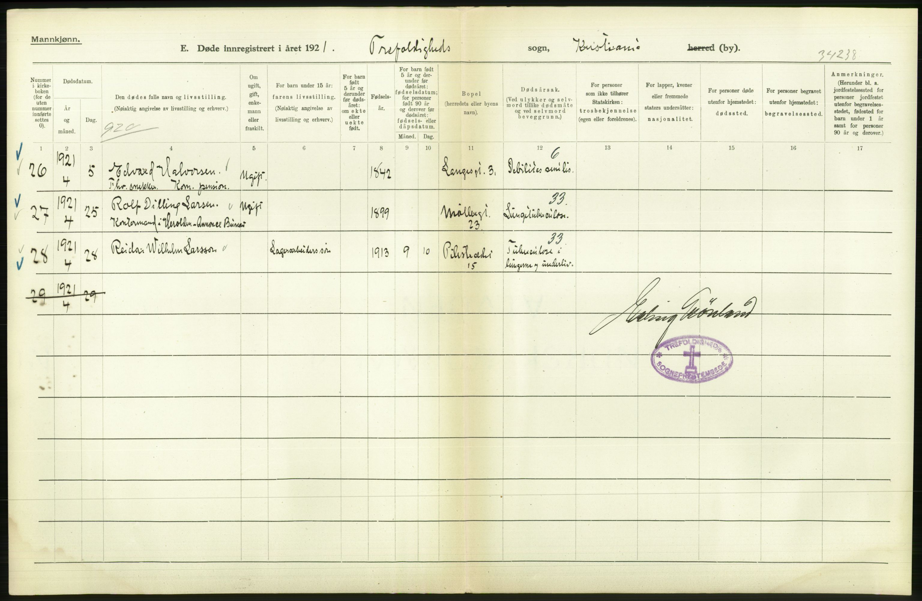 Statistisk sentralbyrå, Sosiodemografiske emner, Befolkning, AV/RA-S-2228/D/Df/Dfc/Dfca/L0012: Kristiania: Døde, 1921, s. 476