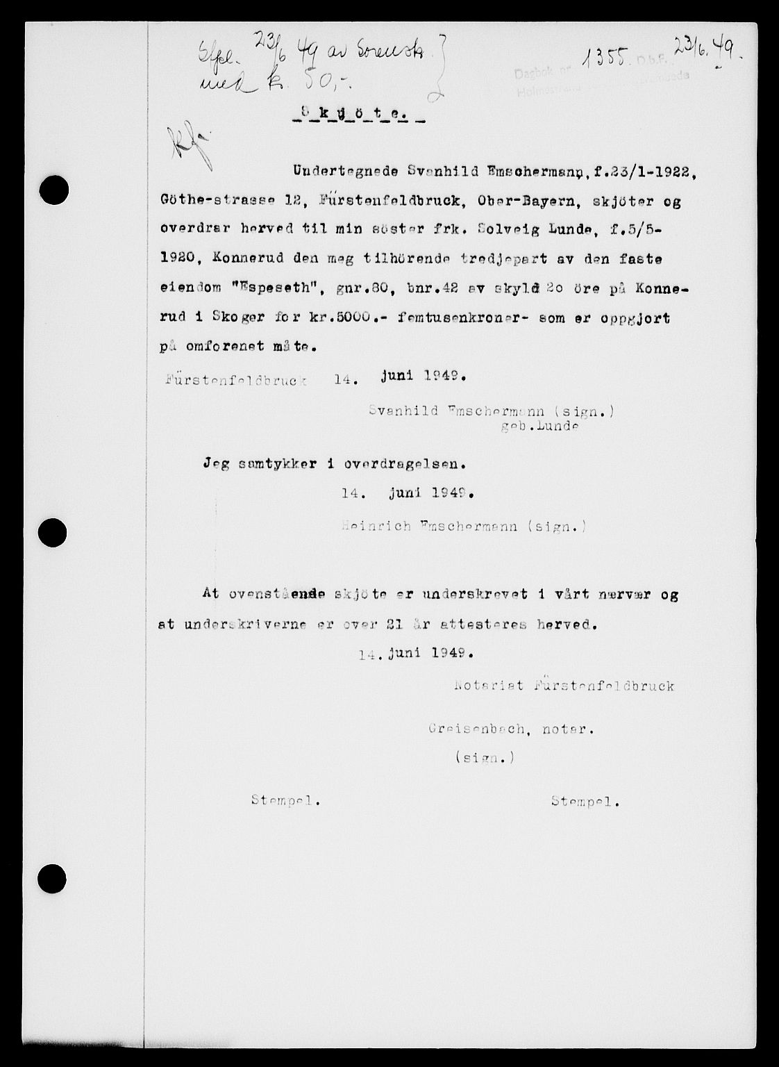 Holmestrand sorenskriveri, SAKO/A-67/G/Ga/Gaa/L0066: Pantebok nr. A-66, 1949-1949, Dagboknr: 1355/1949