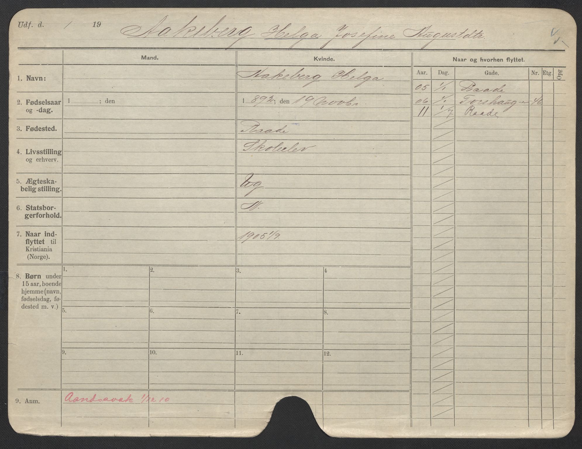 Oslo folkeregister, Registerkort, AV/SAO-A-11715/F/Fa/Fac/L0025: Kvinner, 1906-1914, s. 1152a