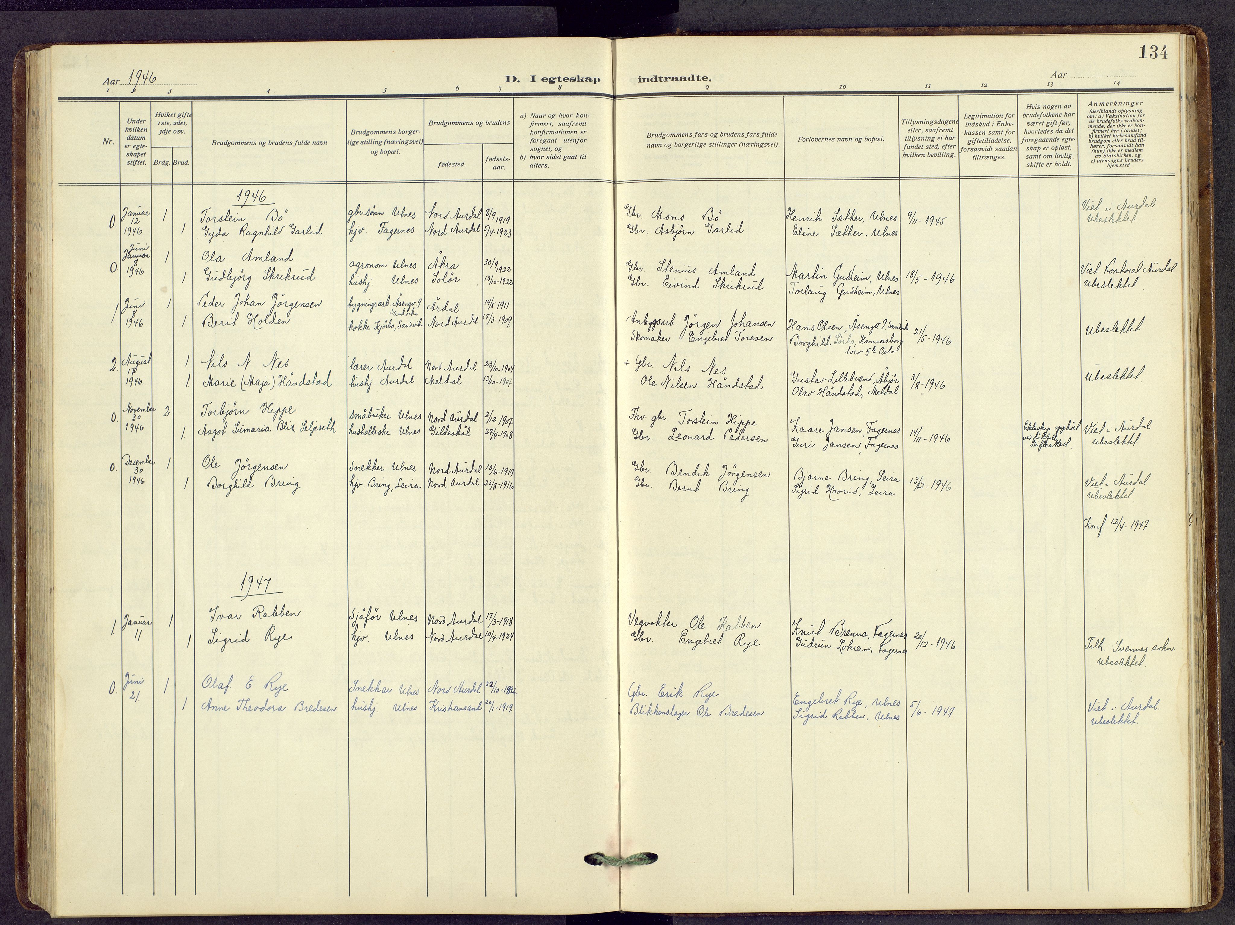 Nord-Aurdal prestekontor, AV/SAH-PREST-132/H/Ha/Hab/L0014: Klokkerbok nr. 14, 1917-1953, s. 134
