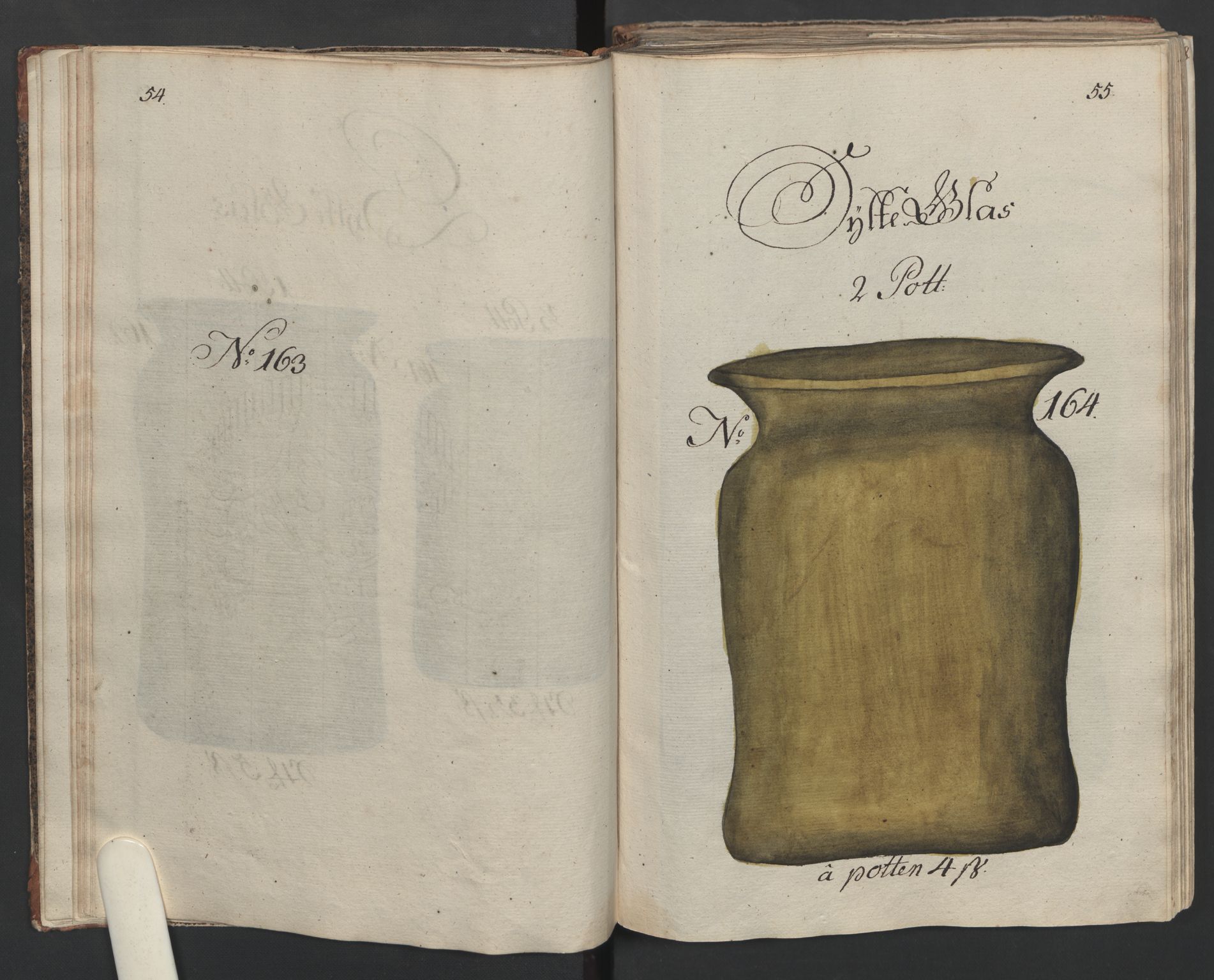 Glassverk, samlinger, AV/RA-PA-0001/F/Fa/L0036: Modellbok for Nøstetangens og Aas' produkter med prisangivelse,, 1763, s. 54-55