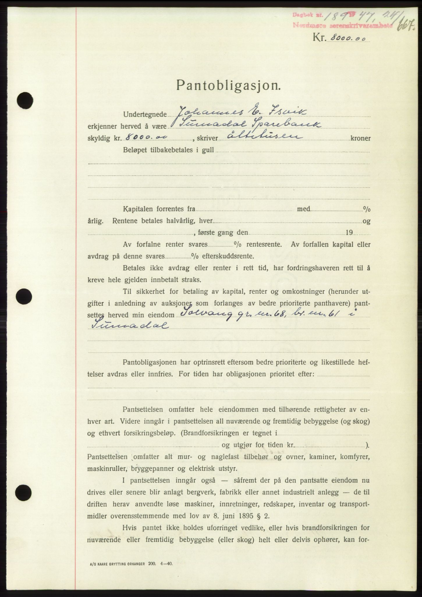 Nordmøre sorenskriveri, SAT/A-4132/1/2/2Ca: Pantebok nr. B95, 1946-1947, Dagboknr: 189/1947
