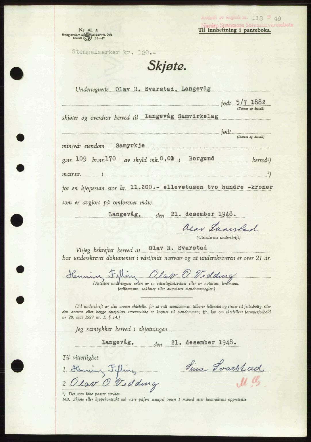 Nordre Sunnmøre sorenskriveri, SAT/A-0006/1/2/2C/2Ca: Pantebok nr. A29, 1948-1949, Dagboknr: 113/1949