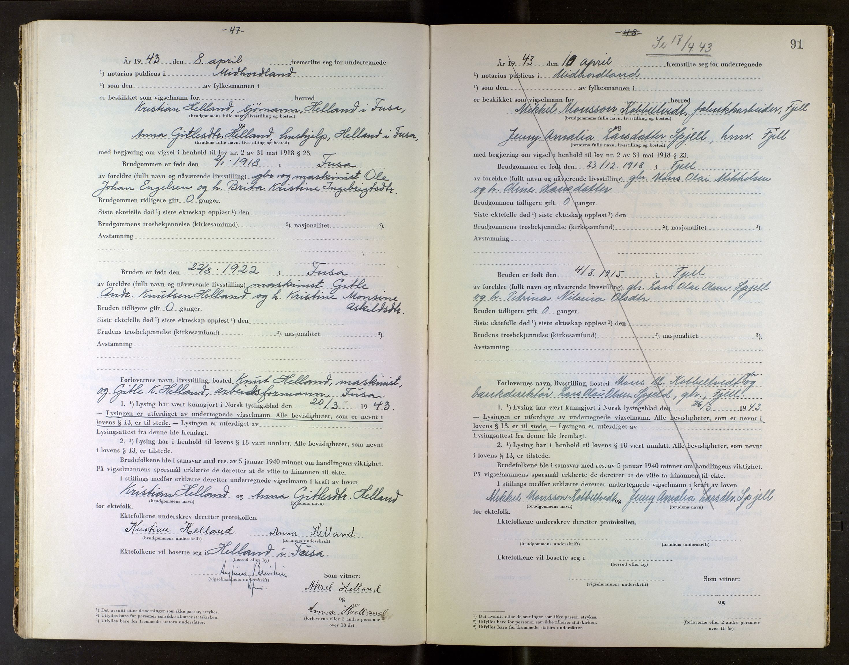 Midhordland sorenskriveri, AV/SAB-A-3001/1/M/Mc/Mca/L0003: Notarialbilag. Vigselbøker, 1942-1943, s. 91