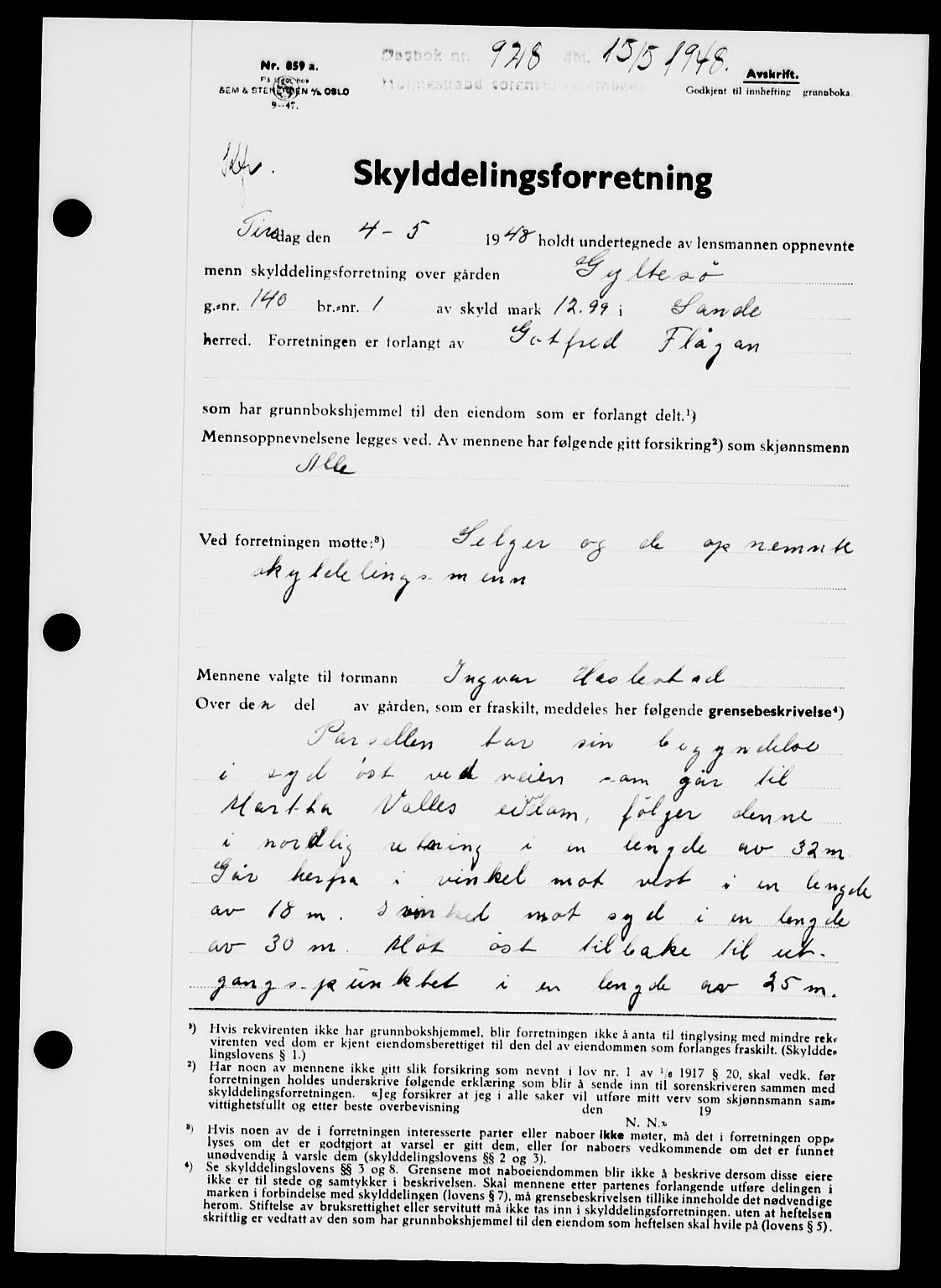 Holmestrand sorenskriveri, SAKO/A-67/G/Ga/Gaa/L0064: Pantebok nr. A-64, 1948-1948, Dagboknr: 928/1948