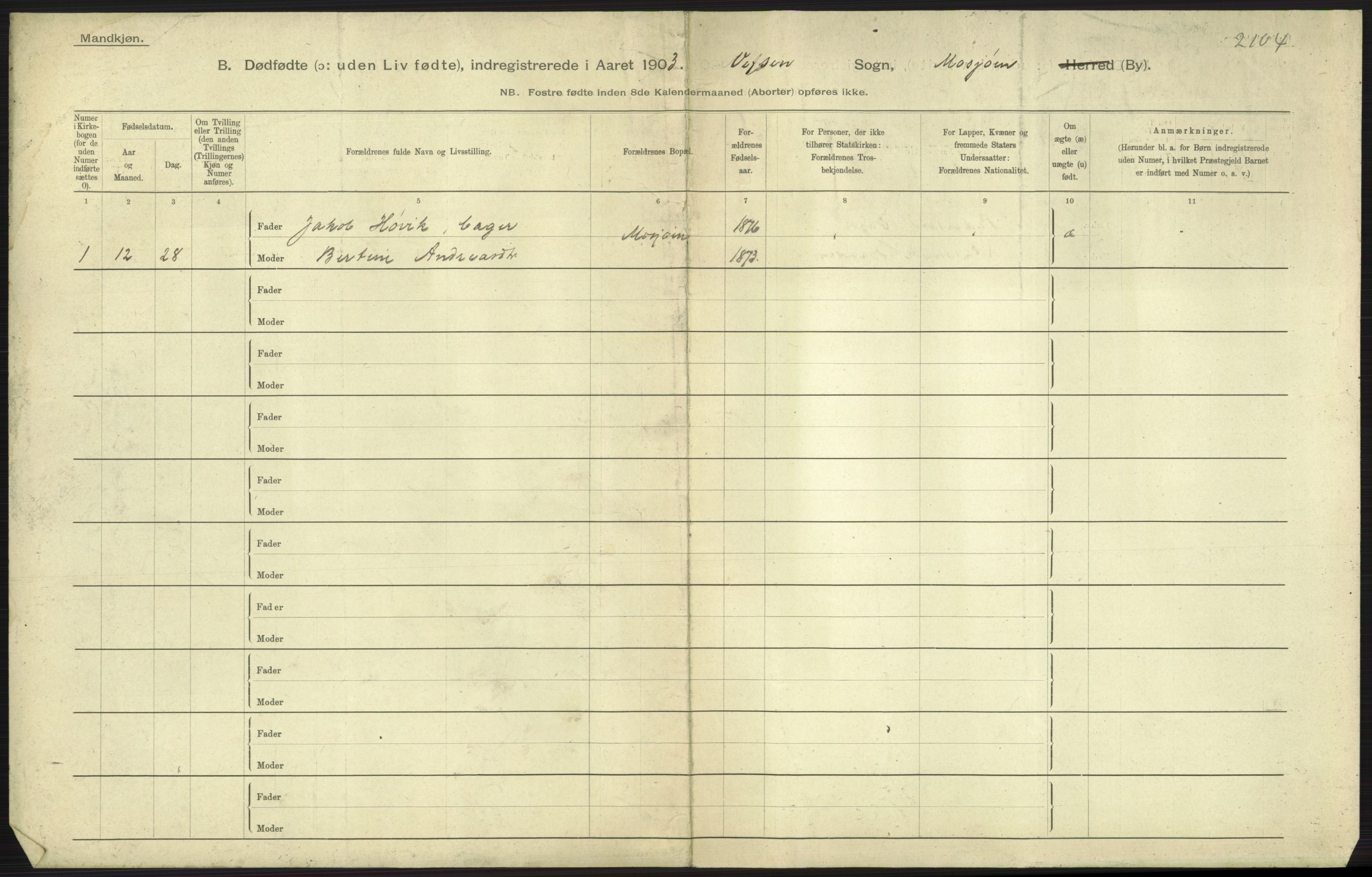 Statistisk sentralbyrå, Sosiodemografiske emner, Befolkning, RA/S-2228/D/Df/Dfa/Dfaa/L0026: Smålenenes - Finnmarkens amt: Dødfødte. Byer., 1903, s. 233