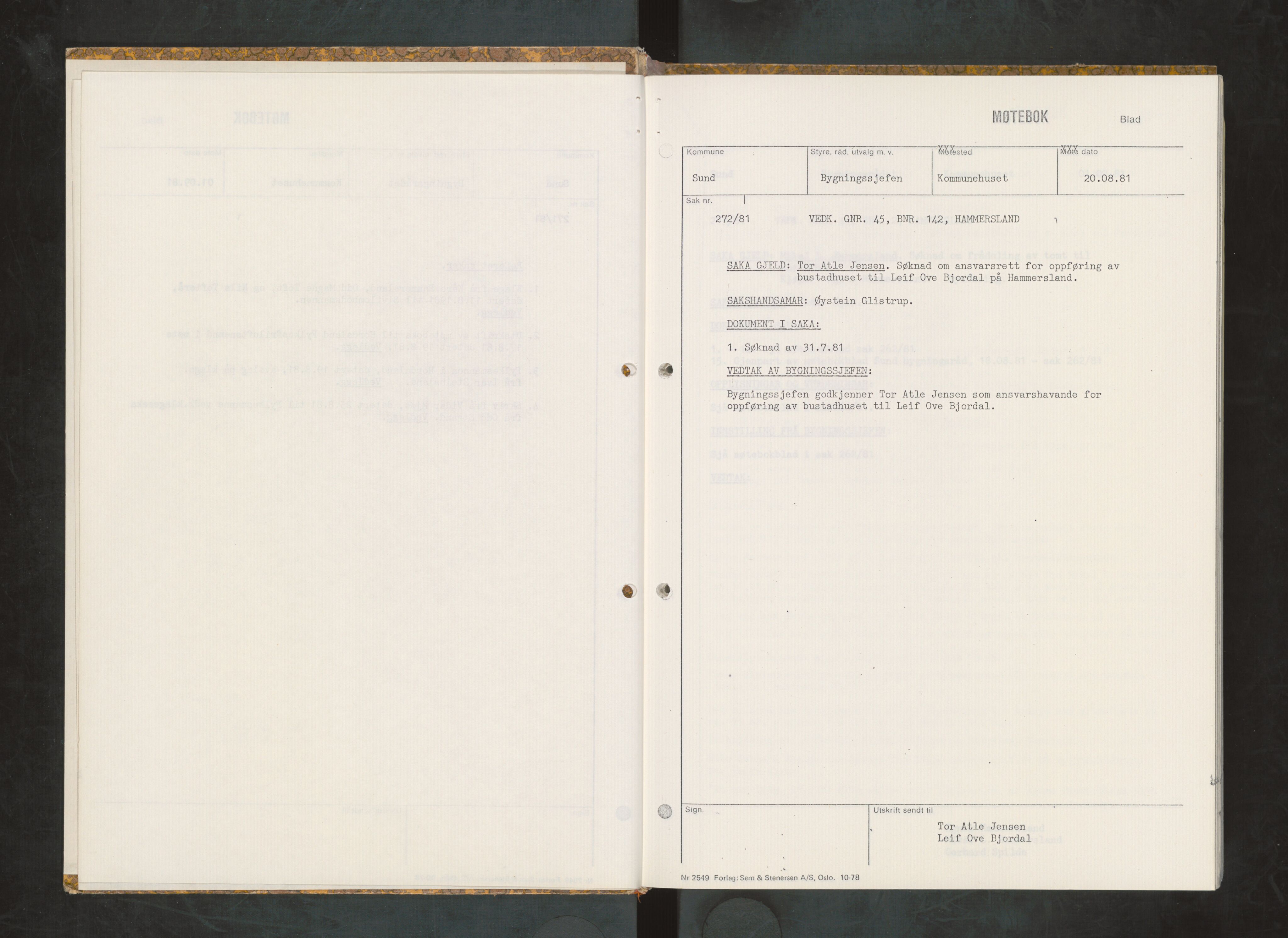 Sund kommune. Bygningsrådet, IKAH/1245-511/A/Ab/L0009: Innkallingar og vedlegg, 1981