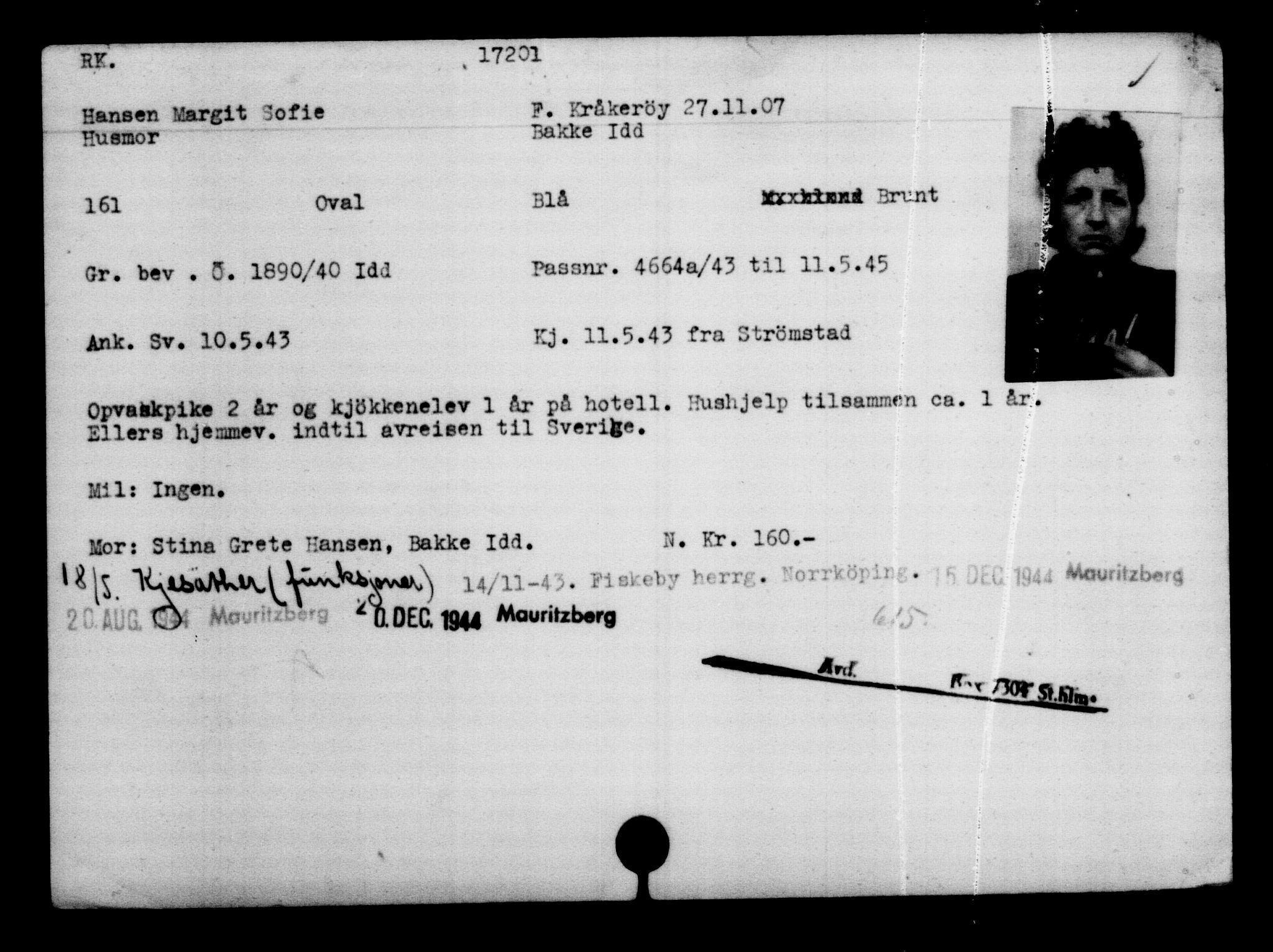 Utenriksstasjonene, Legasjonen i Stockholm, Flyktningkontoret, AV/RA-S-6753/V/Va/L0008: Kjesäterkartoteket, flyktninger med registreringsnr. 15700-18547, 1940-1945, s. 1652