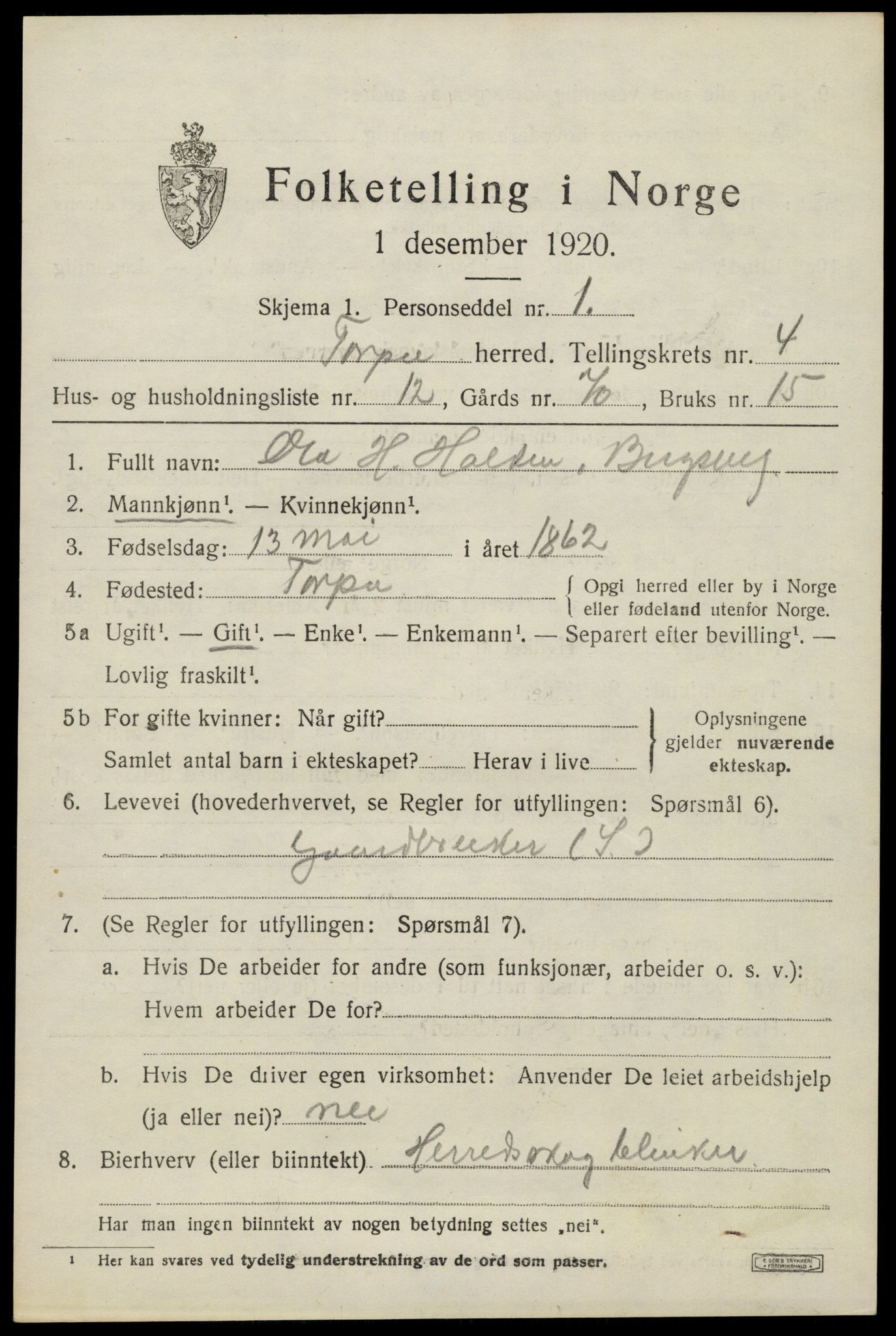 SAH, Folketelling 1920 for 0539 Torpa herred, 1920, s. 3109