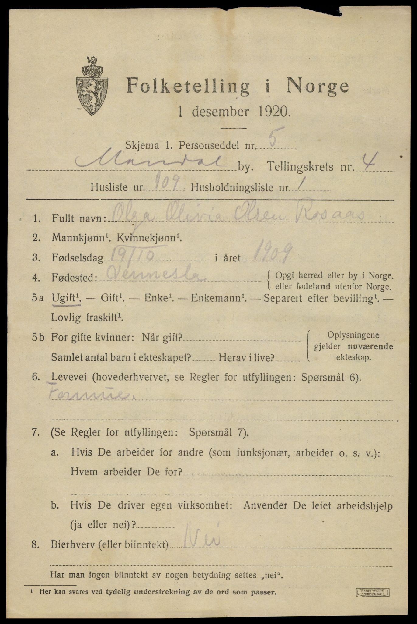SAK, Folketelling 1920 for 1002 Mandal ladested, 1920, s. 8199