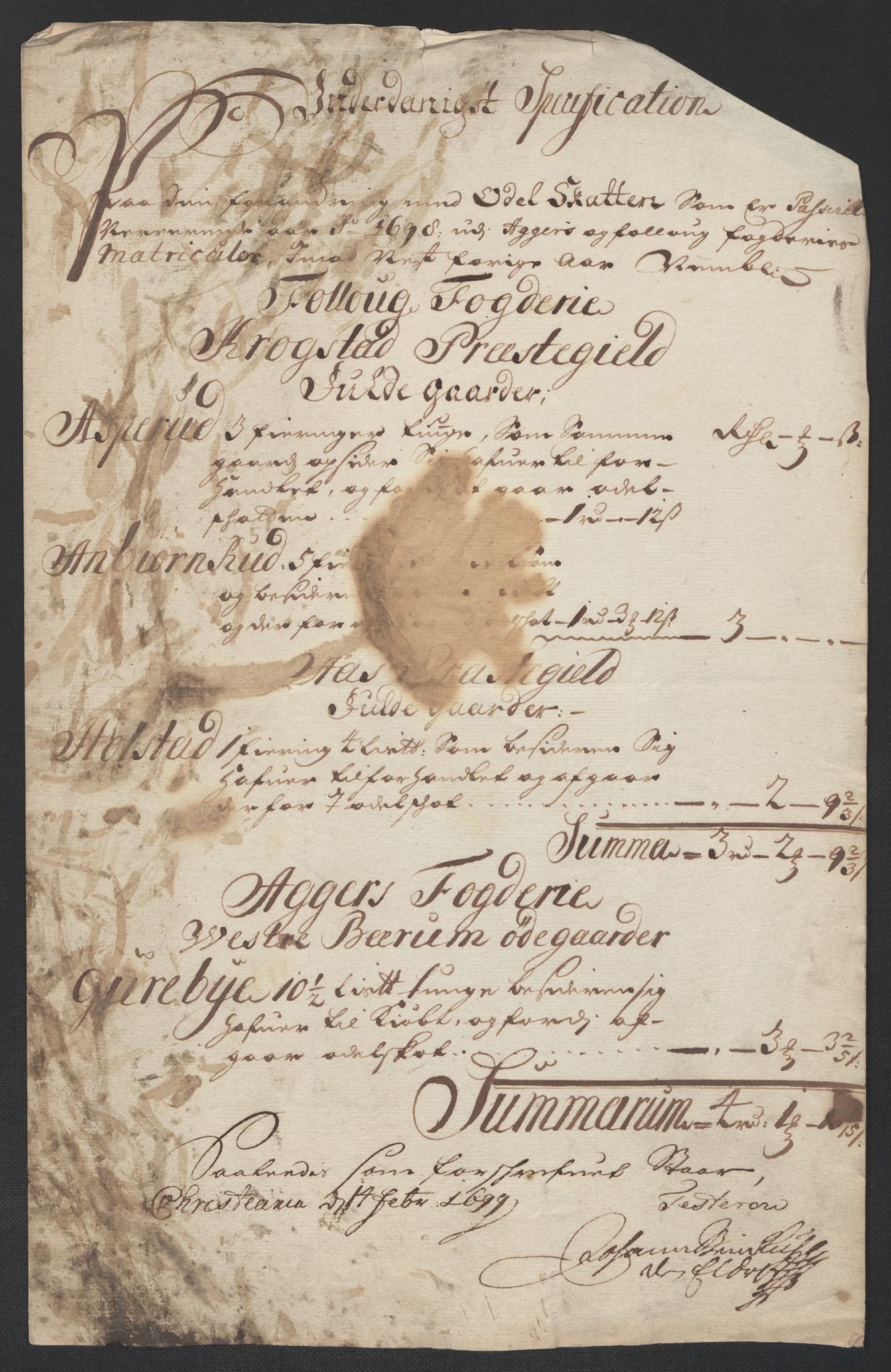 Rentekammeret inntil 1814, Reviderte regnskaper, Fogderegnskap, RA/EA-4092/R10/L0441: Fogderegnskap Aker og Follo, 1698, s. 250