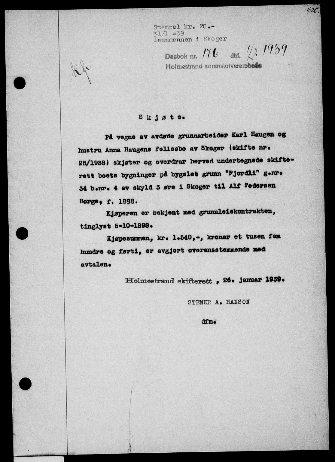 Holmestrand sorenskriveri, SAKO/A-67/G/Ga/Gaa/L0050: Pantebok nr. A-50, 1938-1939, Dagboknr: 176/1939