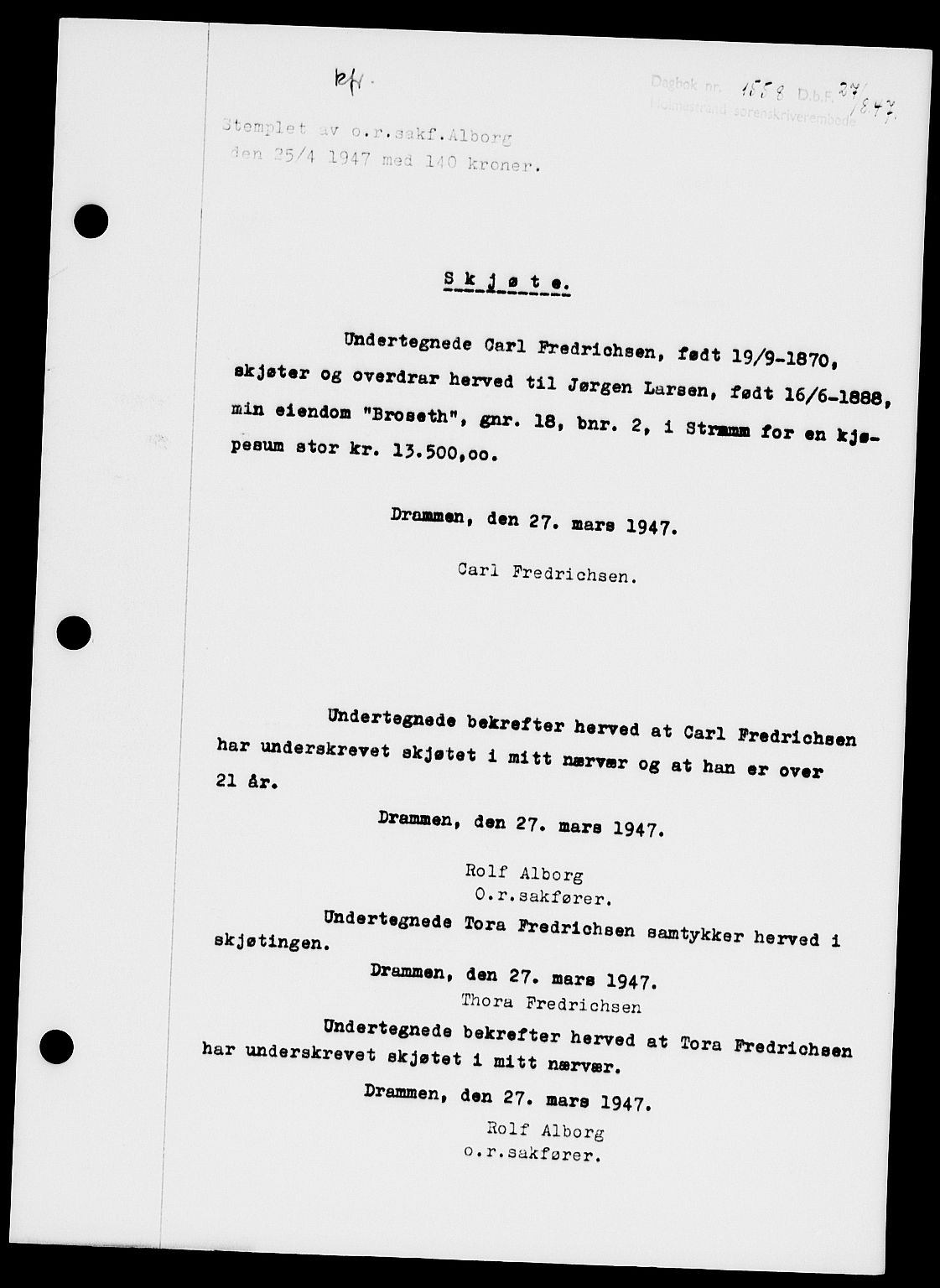 Holmestrand sorenskriveri, SAKO/A-67/G/Ga/Gaa/L0062: Pantebok nr. A-62, 1947-1947, Dagboknr: 1558/1947