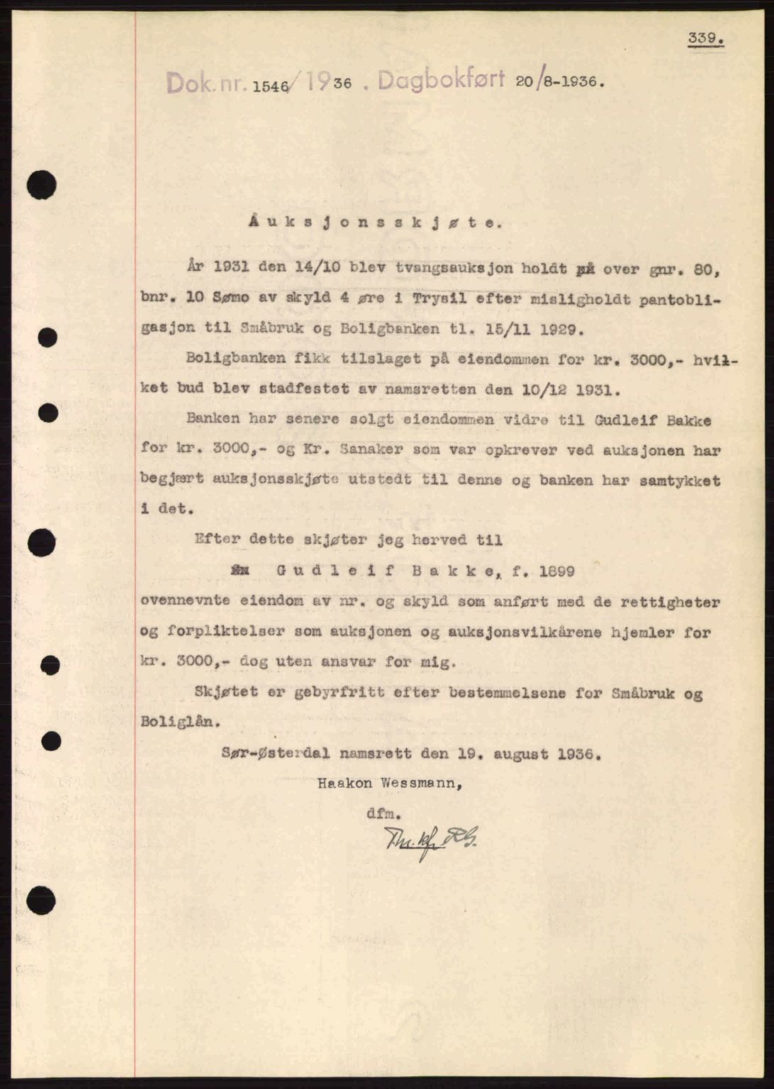 Sør-Østerdal sorenskriveri, SAH/TING-018/H/Hb/Hbb/L0054: Pantebok nr. A54, 1936-1936, Dagboknr: 1546/1936