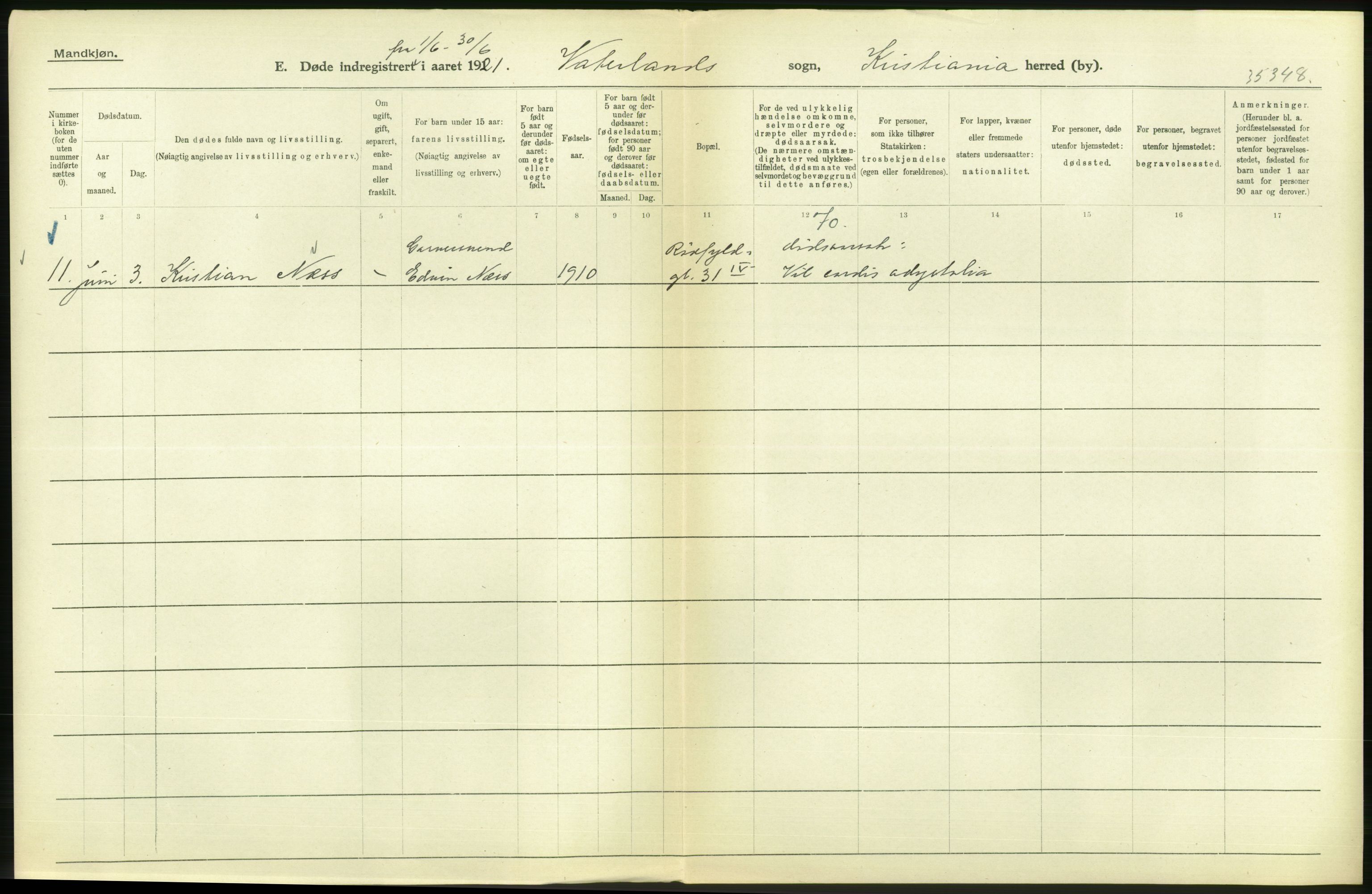 Statistisk sentralbyrå, Sosiodemografiske emner, Befolkning, AV/RA-S-2228/D/Df/Dfc/Dfca/L0013: Kristiania: Døde, dødfødte, 1921, s. 112