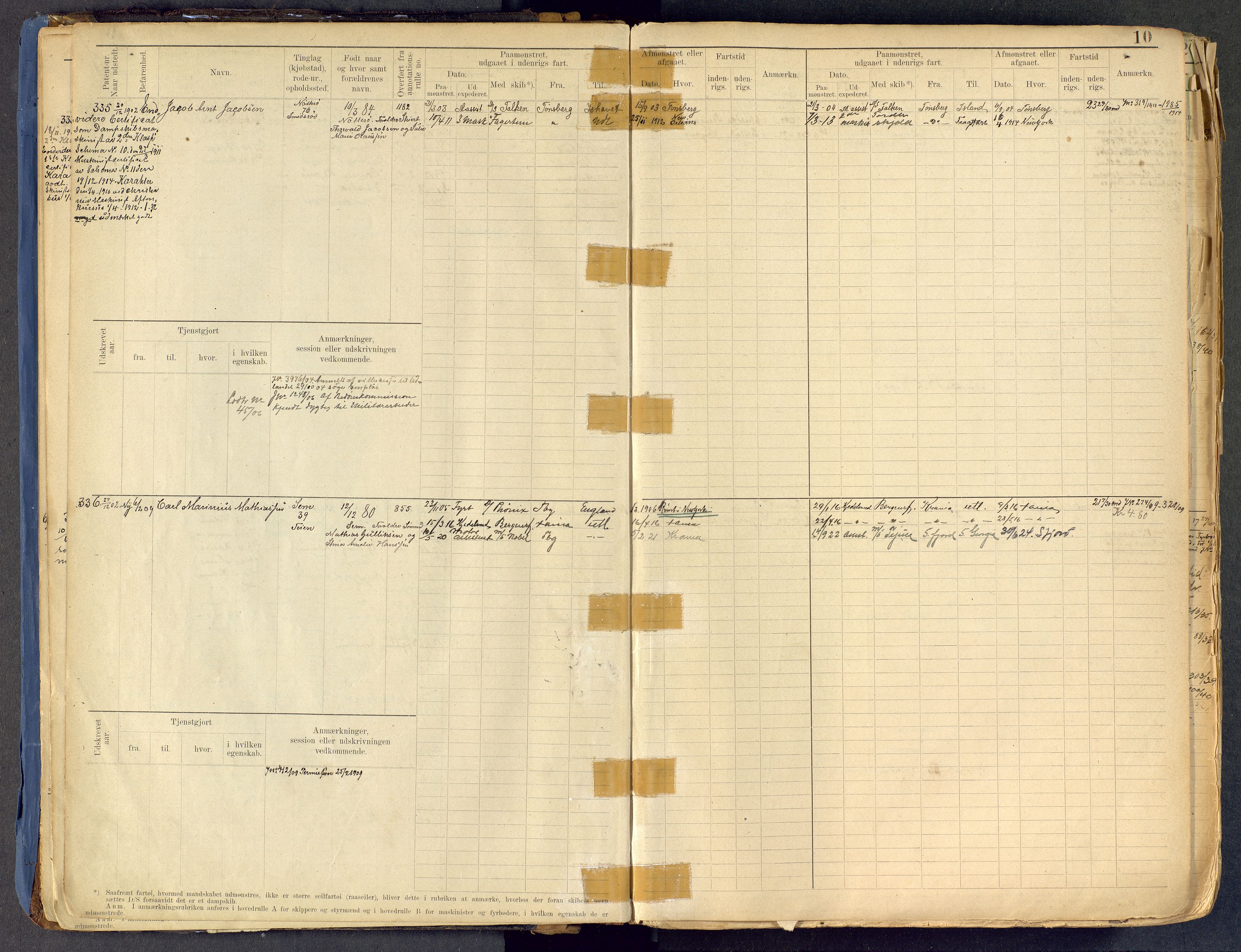 Tønsberg innrulleringskontor, AV/SAKO-A-786/F/Fe/L0002: Maskinist- og fyrbøterrulle Patent nr. 315-1110, 1902-1924, s. 10