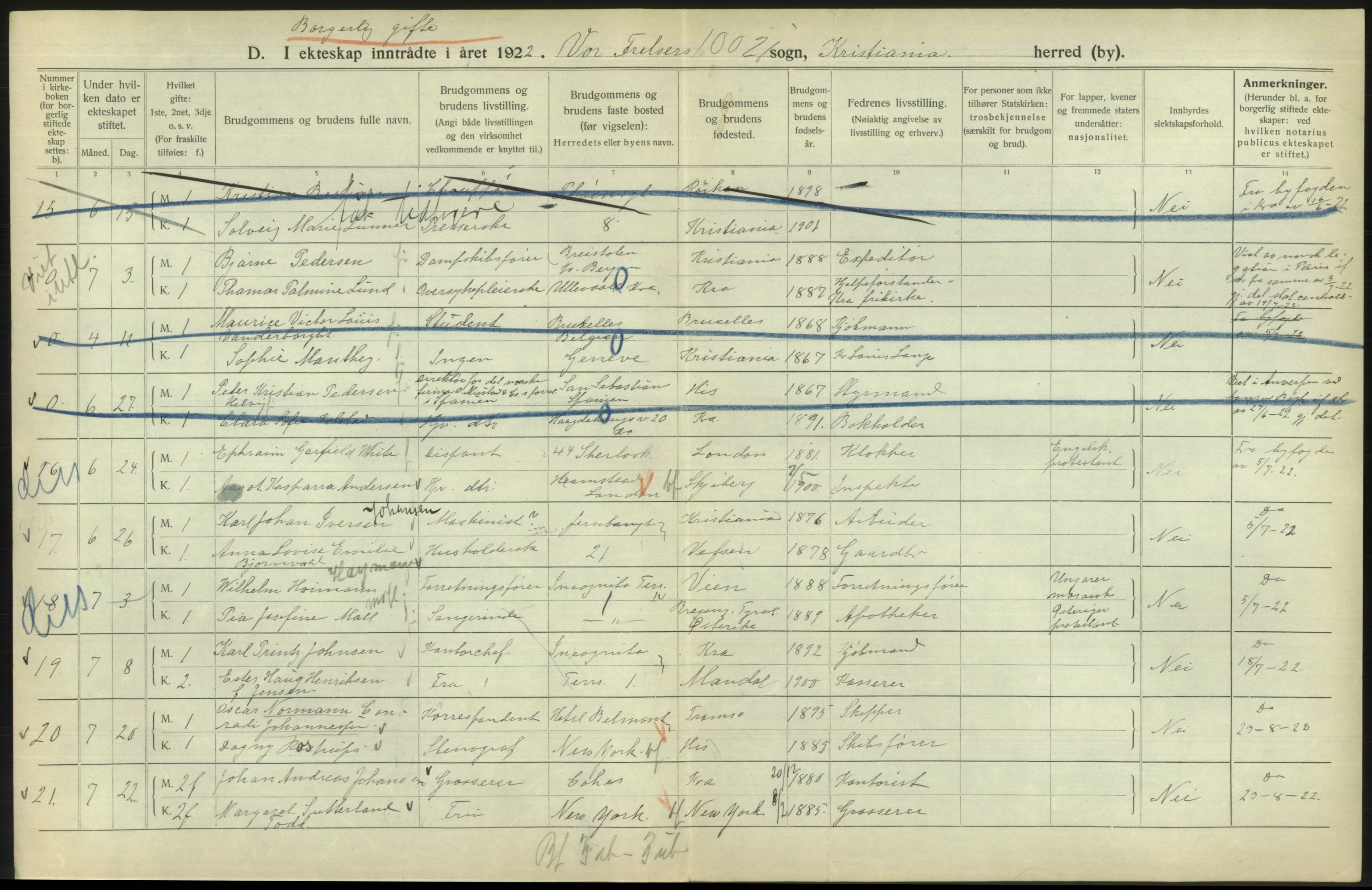 Statistisk sentralbyrå, Sosiodemografiske emner, Befolkning, AV/RA-S-2228/D/Df/Dfc/Dfcb/L0008: Kristiania: Gifte, 1922, s. 198