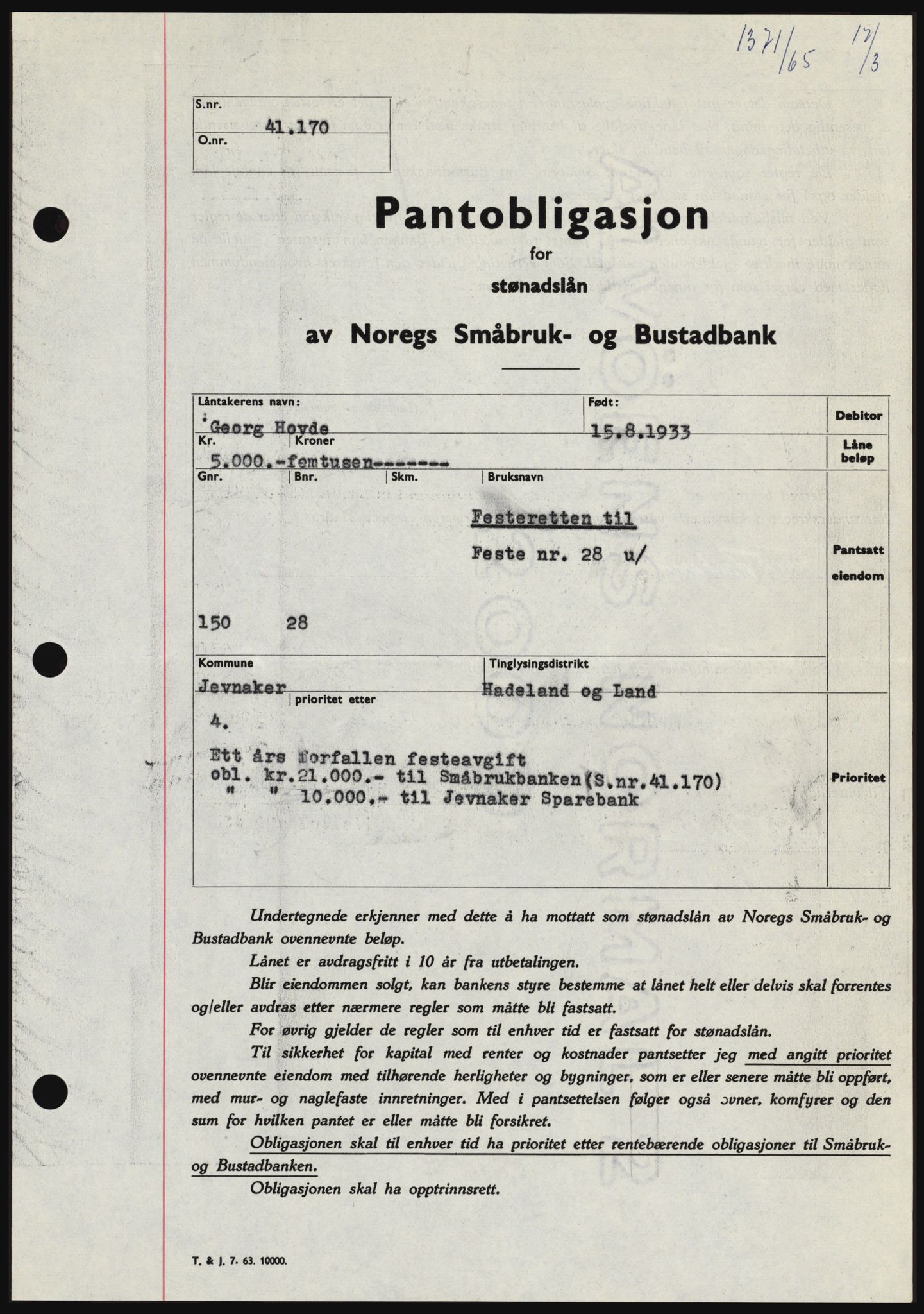 Hadeland og Land tingrett, SAH/TING-010/H/Hb/Hbc/L0058: Pantebok nr. B58, 1965-1965, Dagboknr: 1371/1965