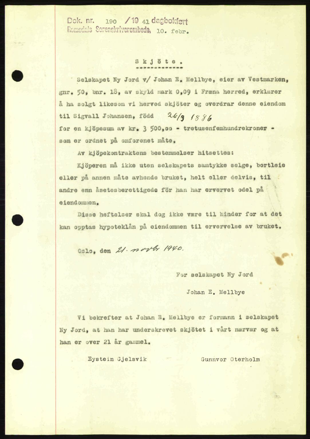 Romsdal sorenskriveri, SAT/A-4149/1/2/2C: Pantebok nr. A9, 1940-1941, Dagboknr: 190/1941