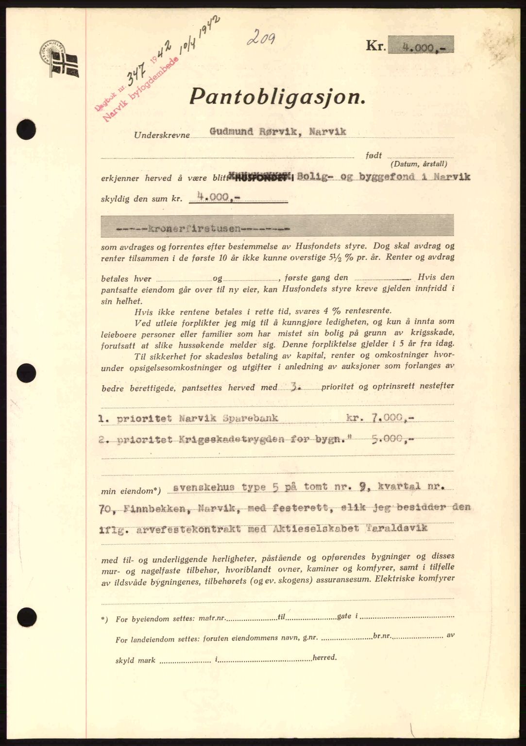 Narvik sorenskriveri, SAT/A-0002/1/2/2C/2Ca: Pantebok nr. A19, 1942-1943, Dagboknr: 347/1942