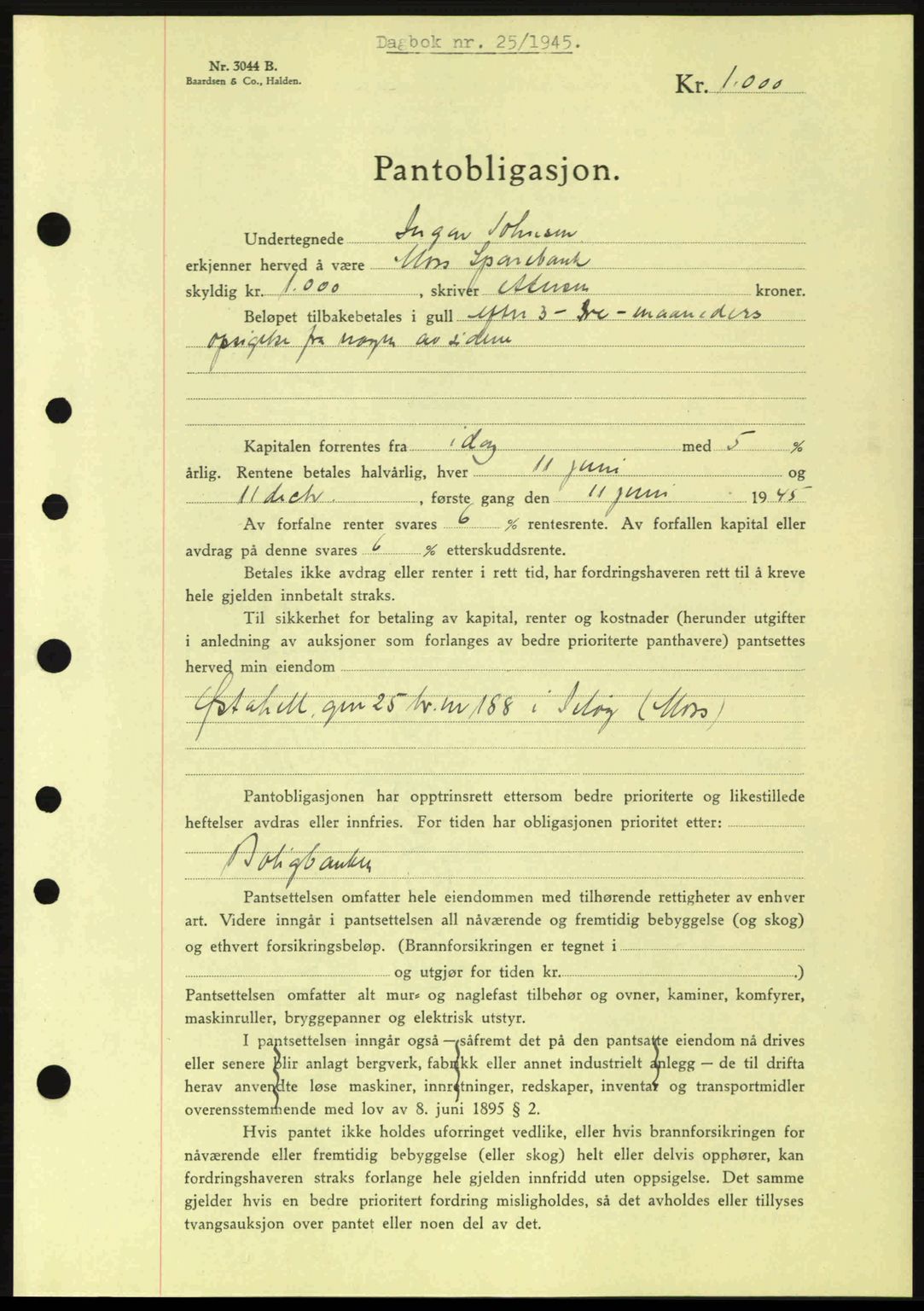 Moss sorenskriveri, SAO/A-10168: Pantebok nr. B13, 1943-1945, Dagboknr: 25/1945