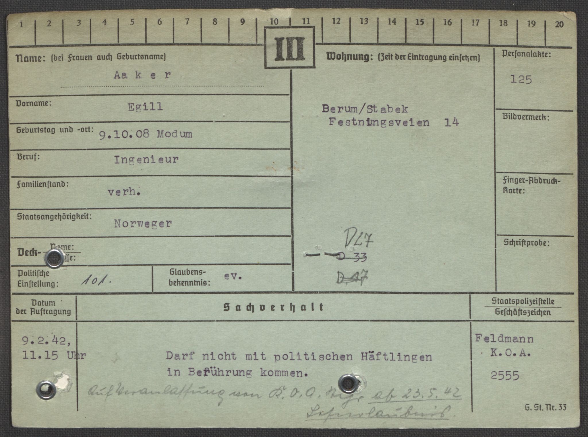 Befehlshaber der Sicherheitspolizei und des SD, RA/RAFA-5969/E/Ea/Eaa/L0010: Register over norske fanger i Møllergata 19: Sø-Å, 1940-1945, s. 1388
