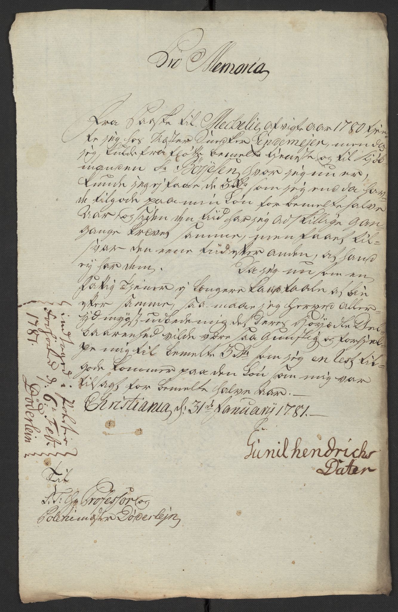 Oslo politidistrikt, AV/SAO-A-10085/D/Da/L0003: Innkomne brev, pro memoria m.v., 1781, s. 319