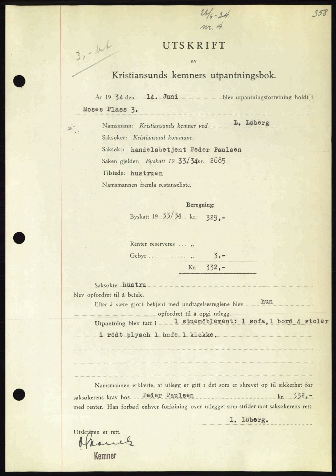 Kristiansund byfogd, AV/SAT-A-4587/A/27: Pantebok nr. 27, 1933-1934, Tingl.dato: 26.06.1934