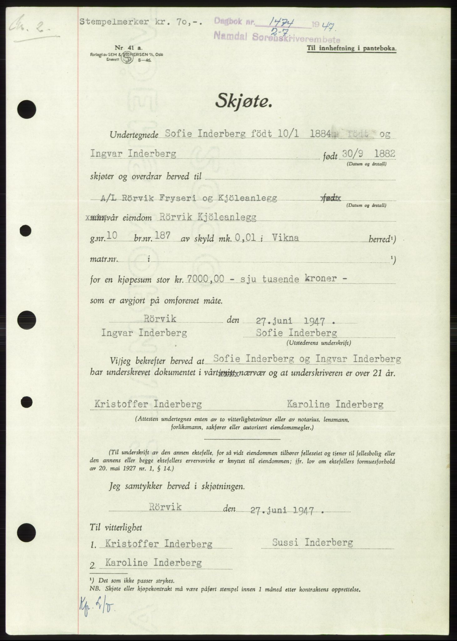 Namdal sorenskriveri, SAT/A-4133/1/2/2C: Pantebok nr. -, 1947-1947, Dagboknr: 1474/1947