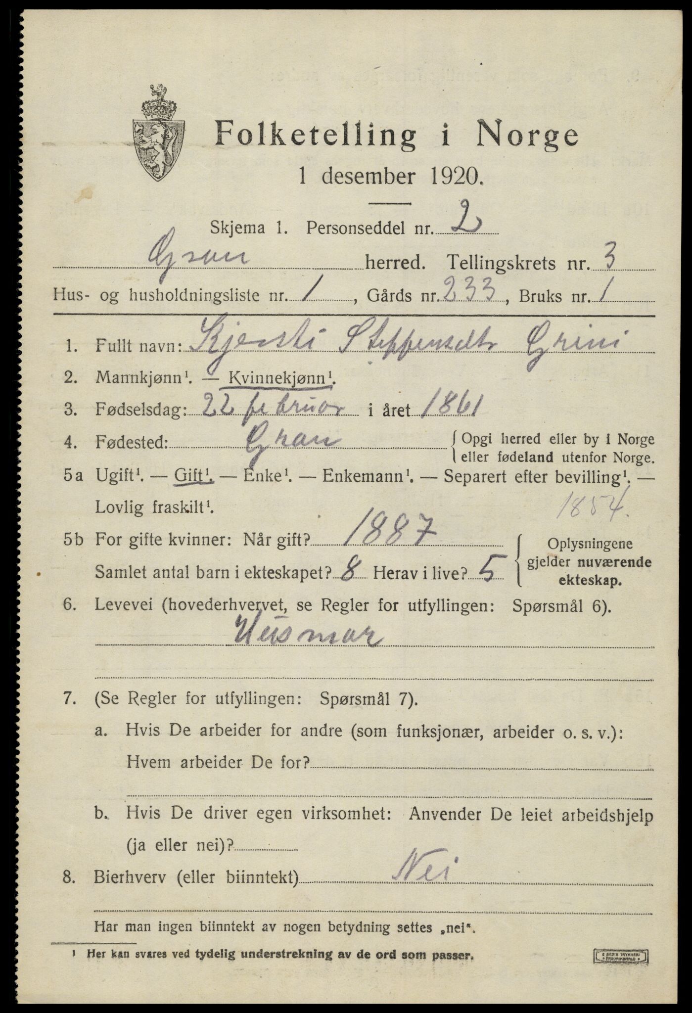 SAH, Folketelling 1920 for 0534 Gran herred, 1920, s. 5144